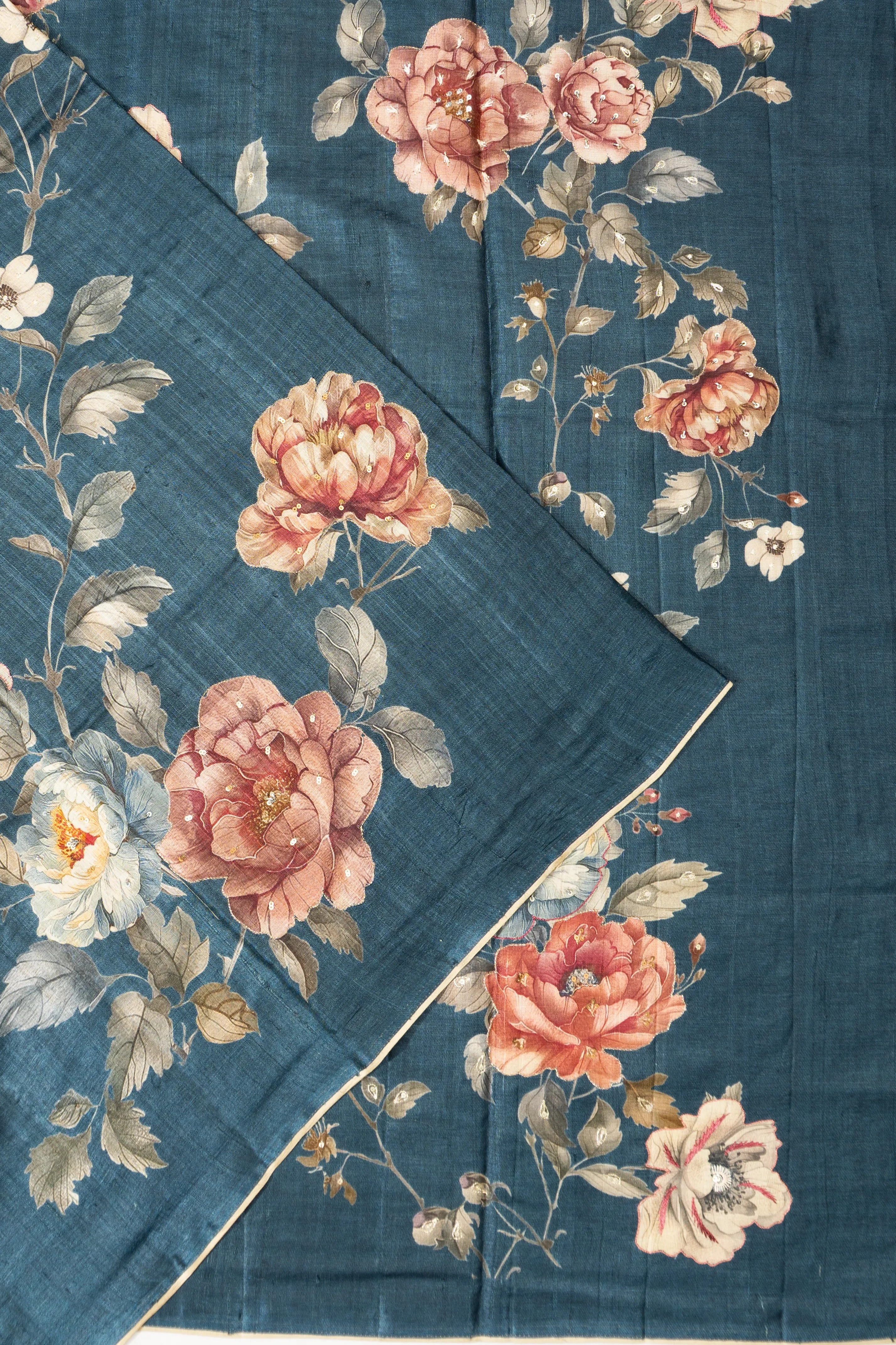 Tussar Floral Printed Blue Saree