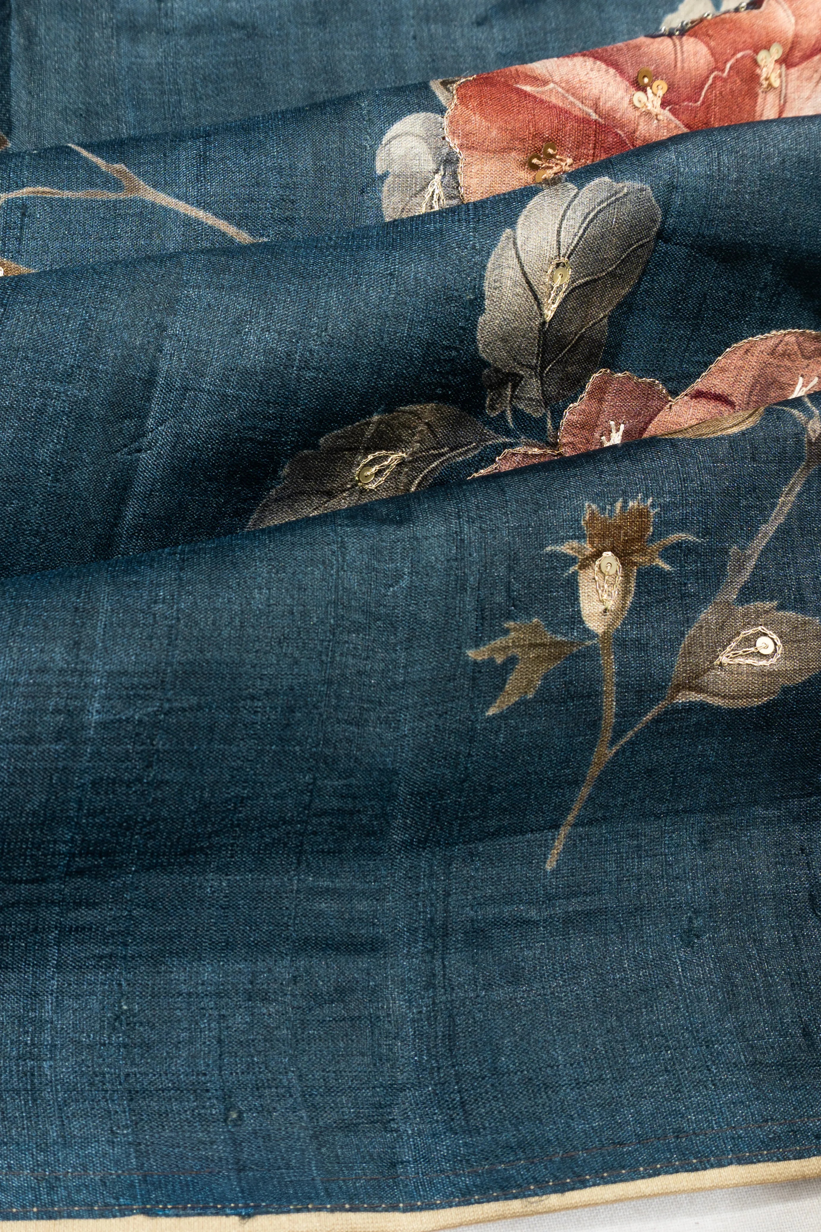 Tussar Floral Printed Blue Saree