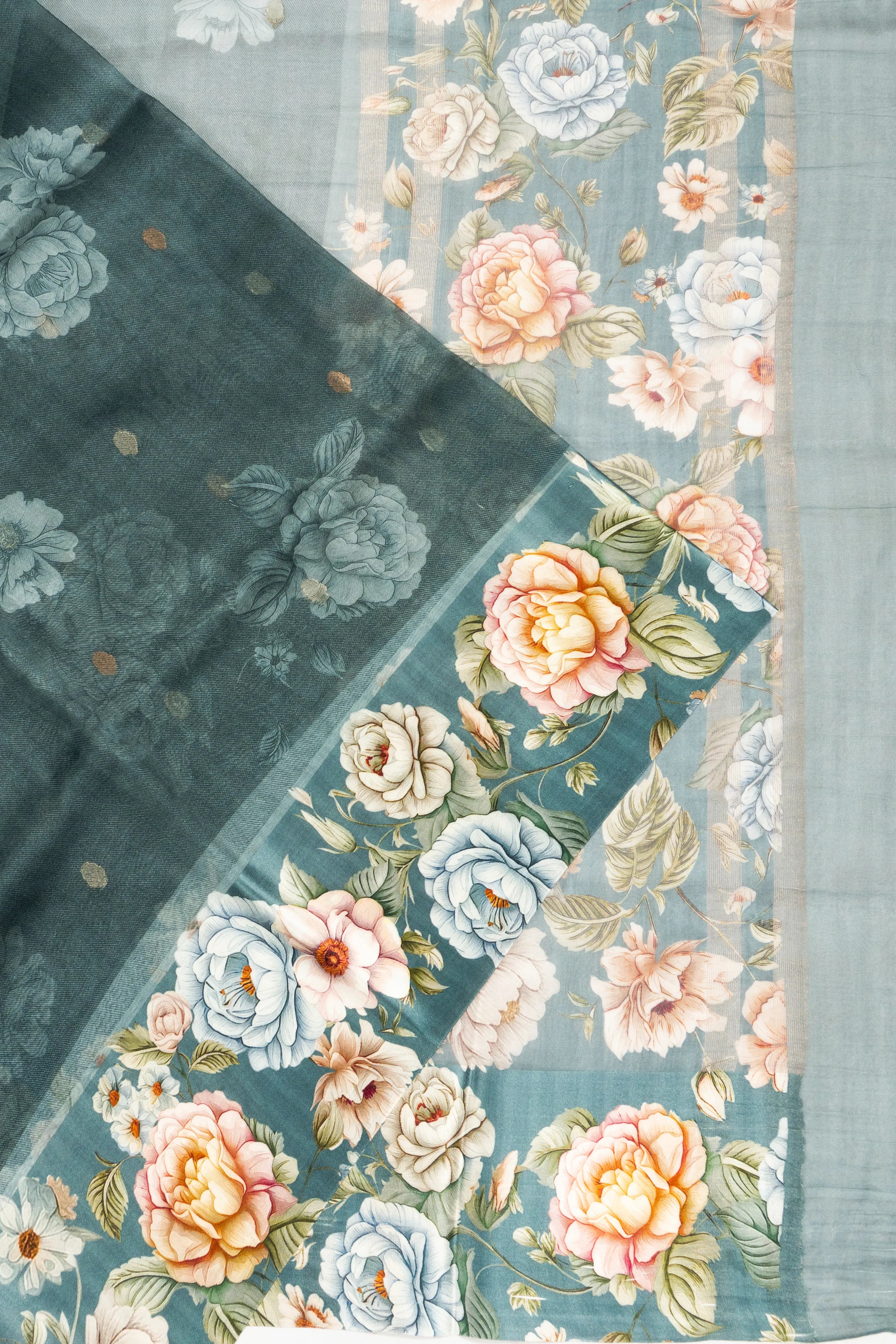 Organza Floral Printed And Butta Green Saree