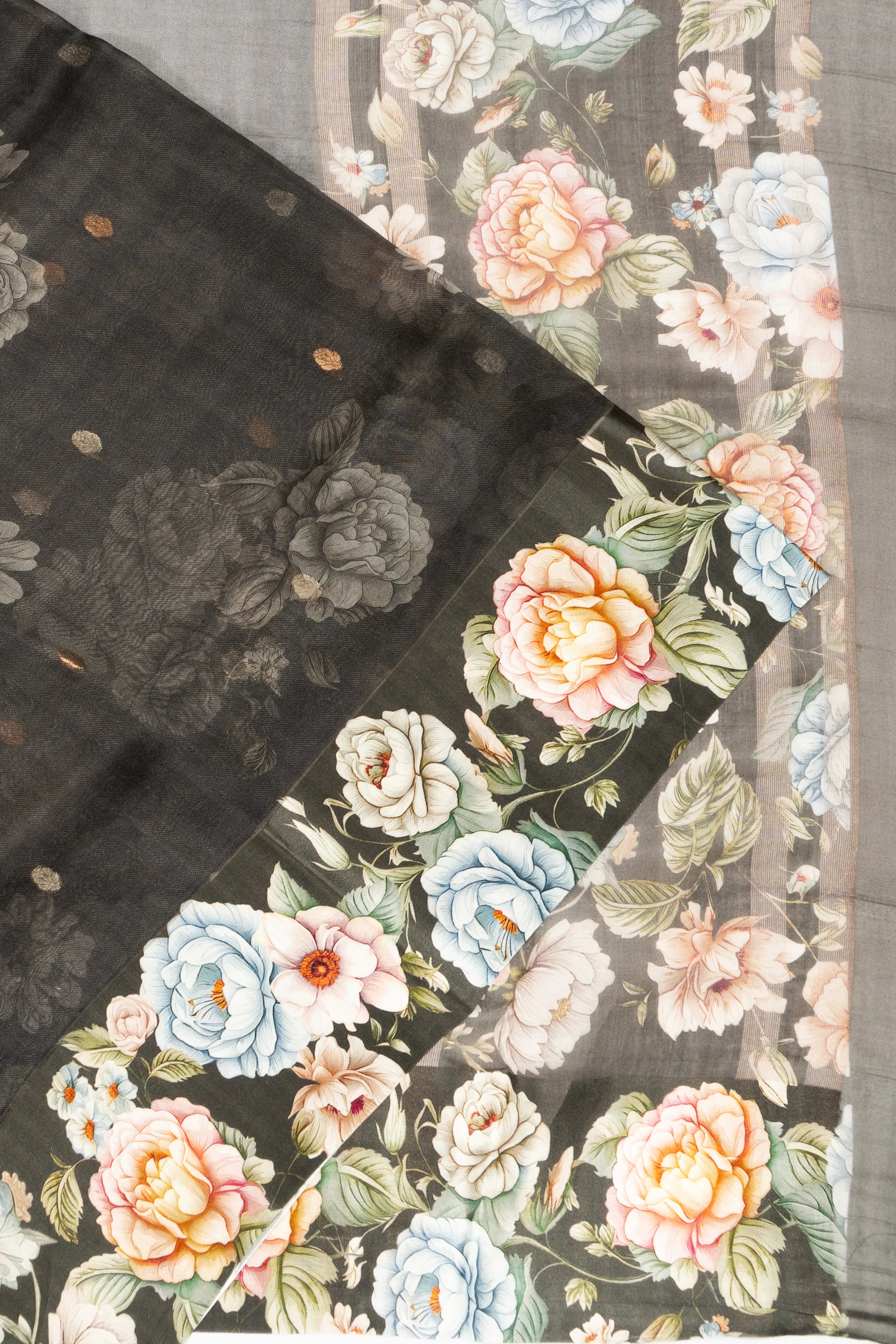 Organza Floral Printed And Butta Black Saree