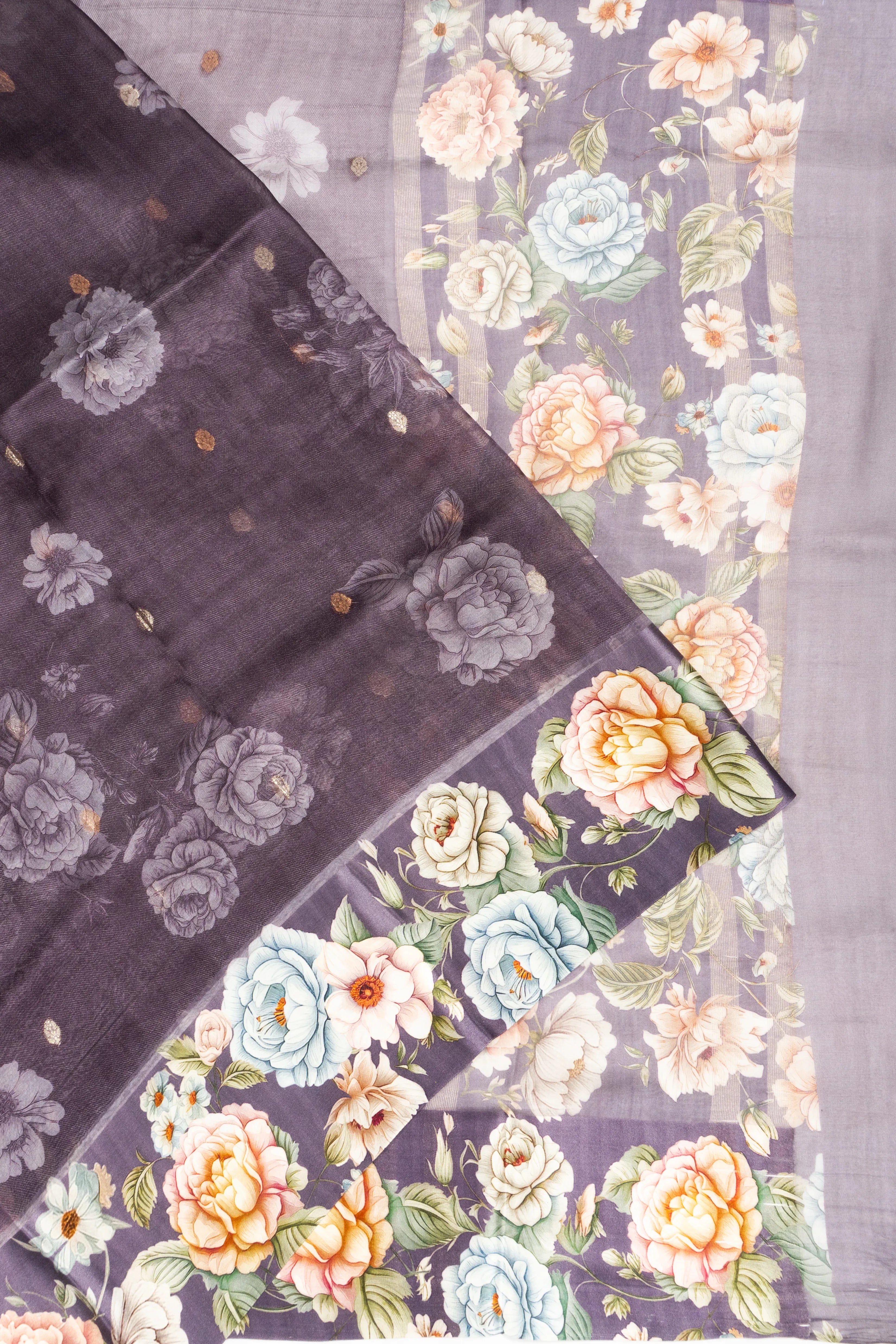 Organza Floral Printed And Butta Purple Saree