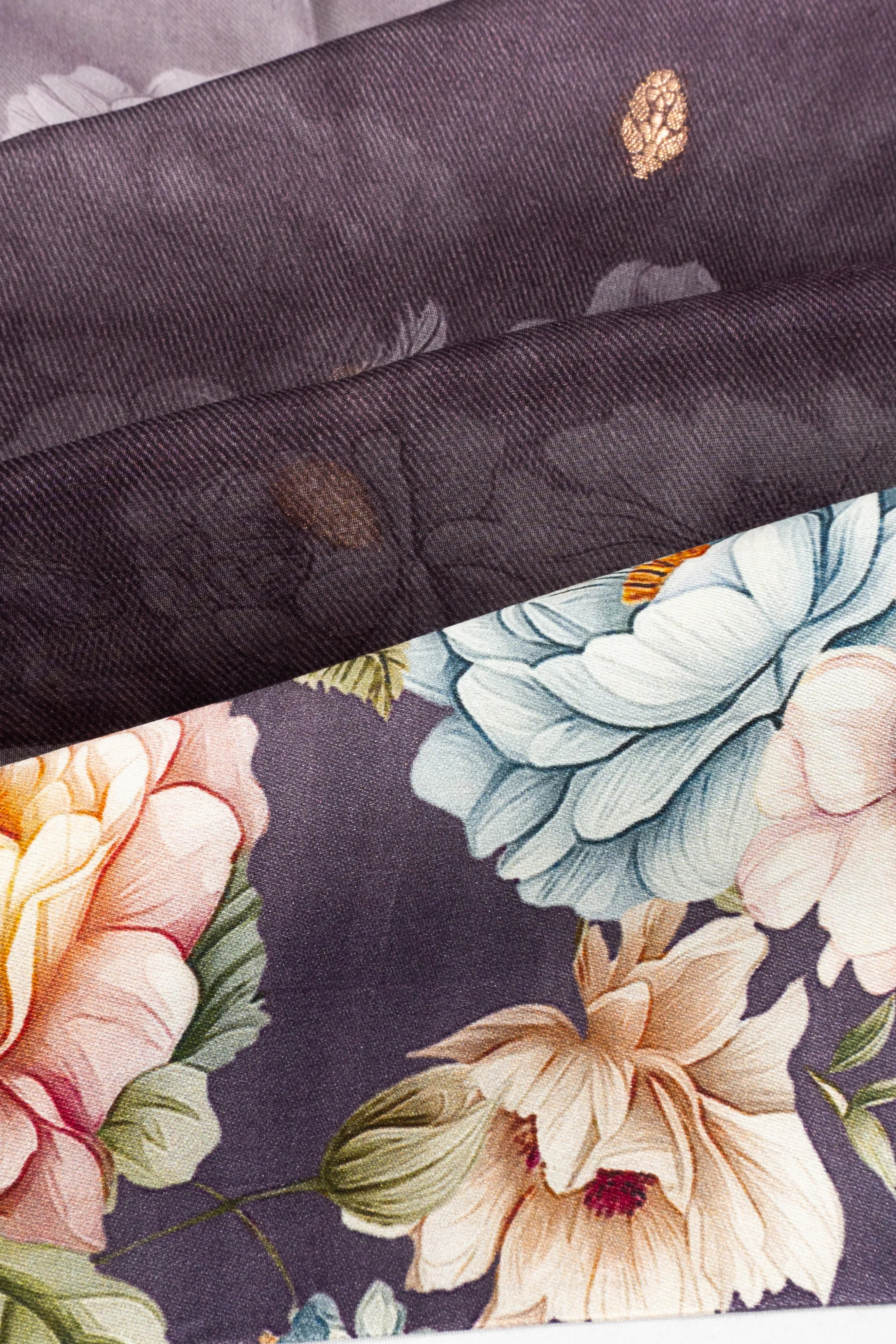 Organza Floral Printed And Butta Purple Saree