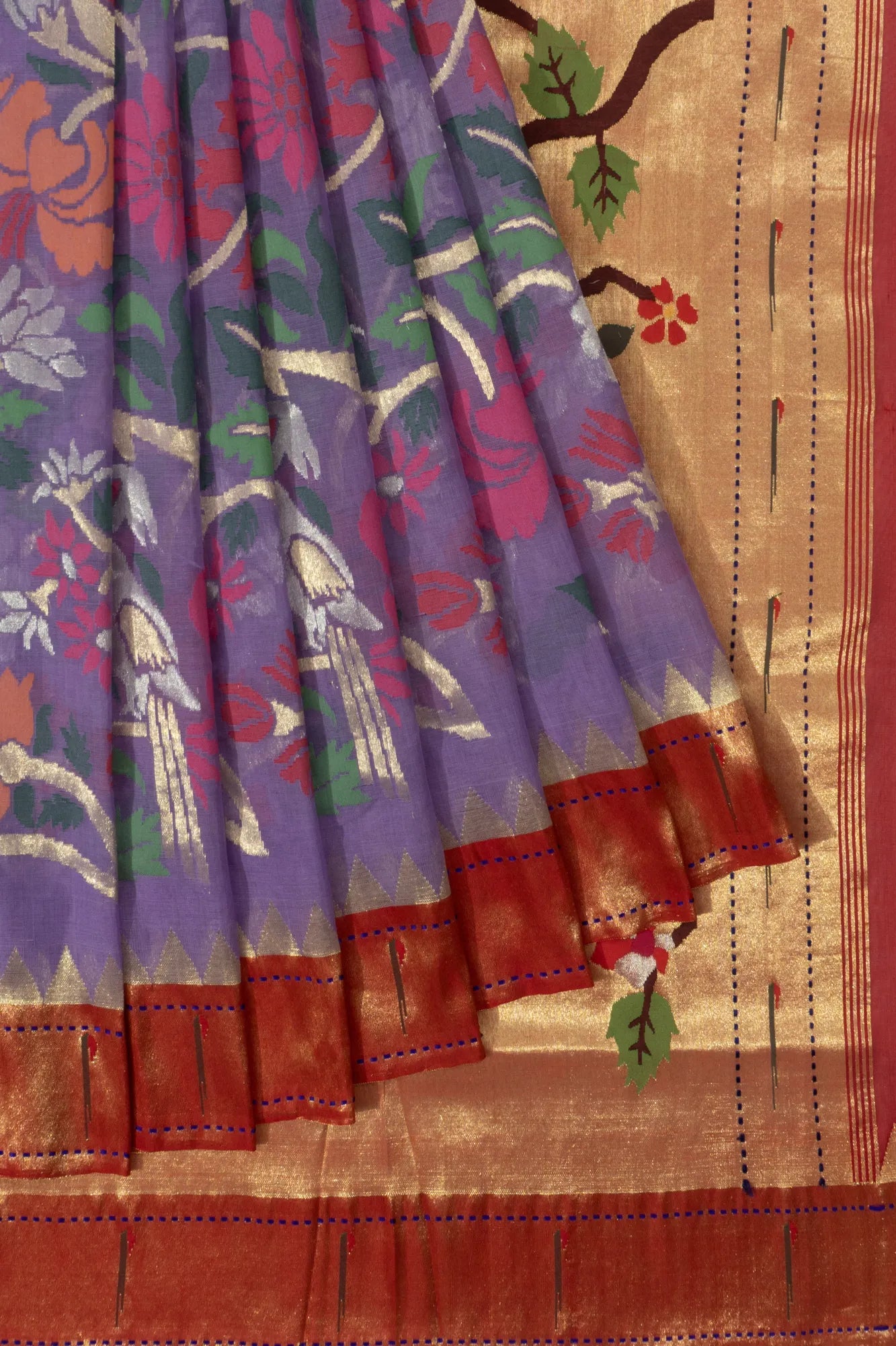 Ponduru Handspun Cotton All Over Jamdani Lavender Saree With Paithani Muniya Border