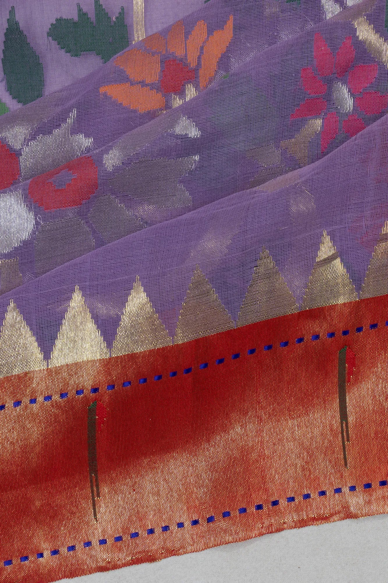 Ponduru Handspun Cotton All Over Jamdani Lavender Saree With Paithani Muniya Border