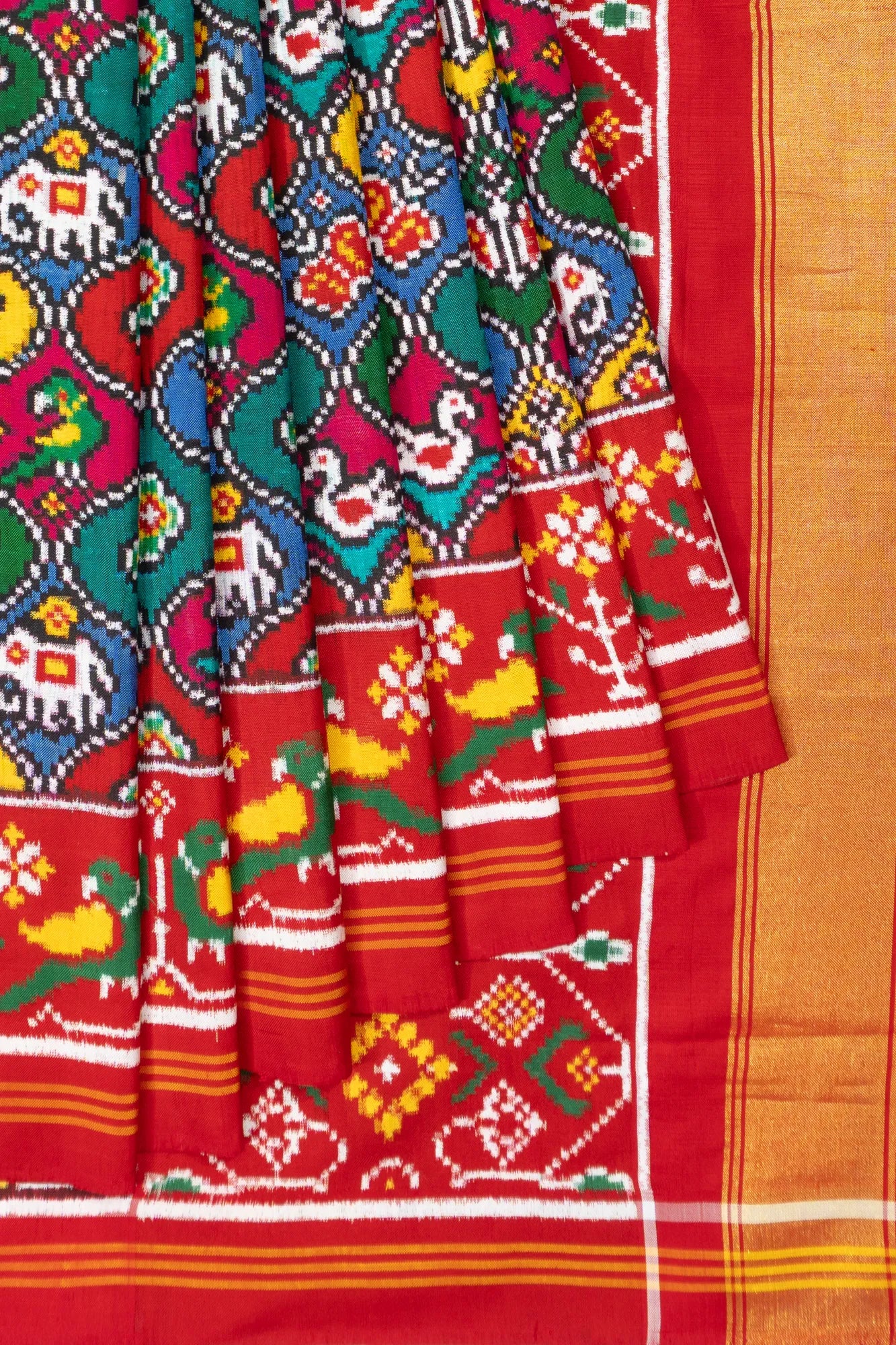 Patan Patola Silk Double Ikat 5 Figure Multicolour Red Saree