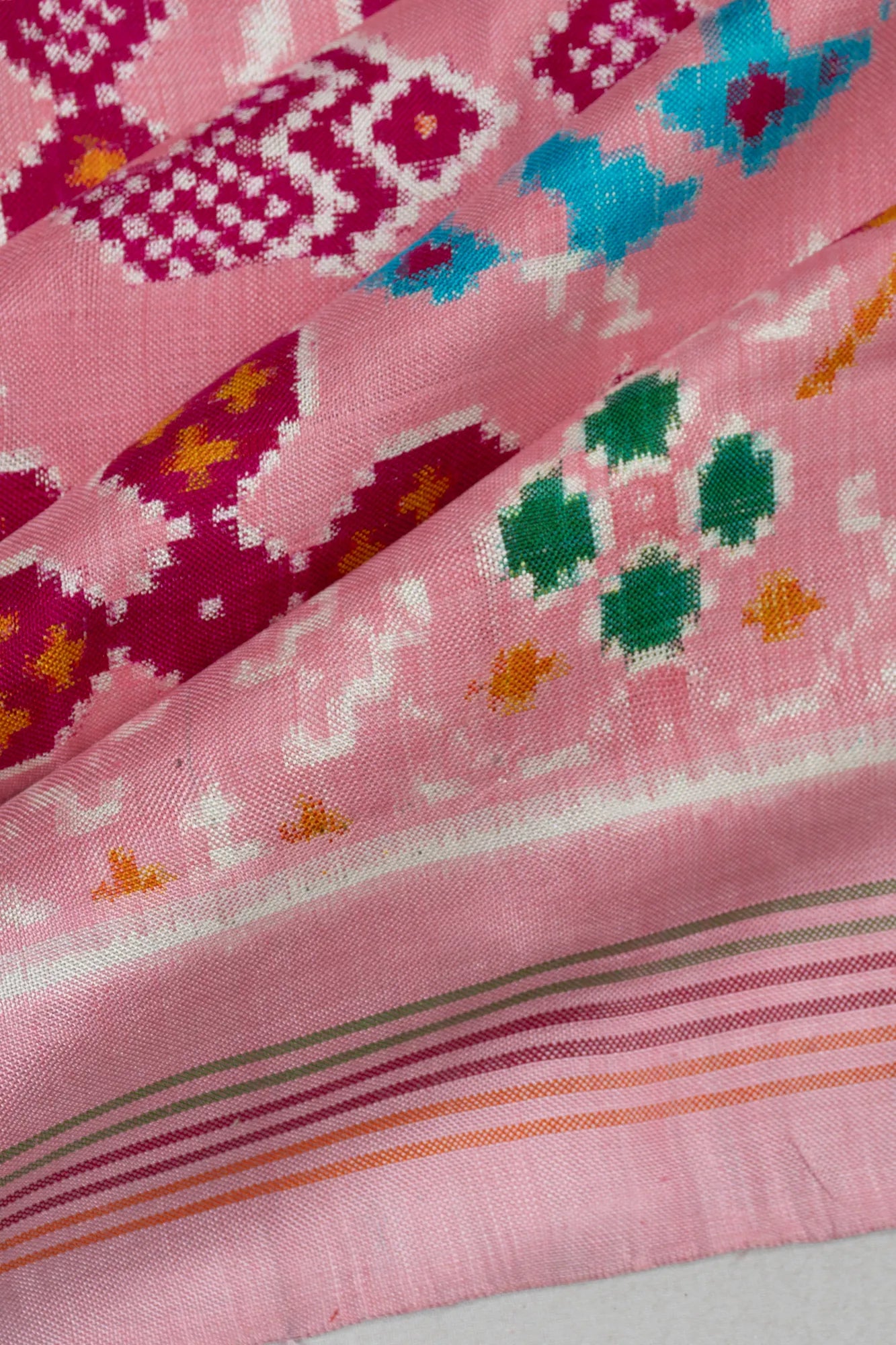 Patan Patola Silk Double Ikat Checks And Butta Baby Pink Saree