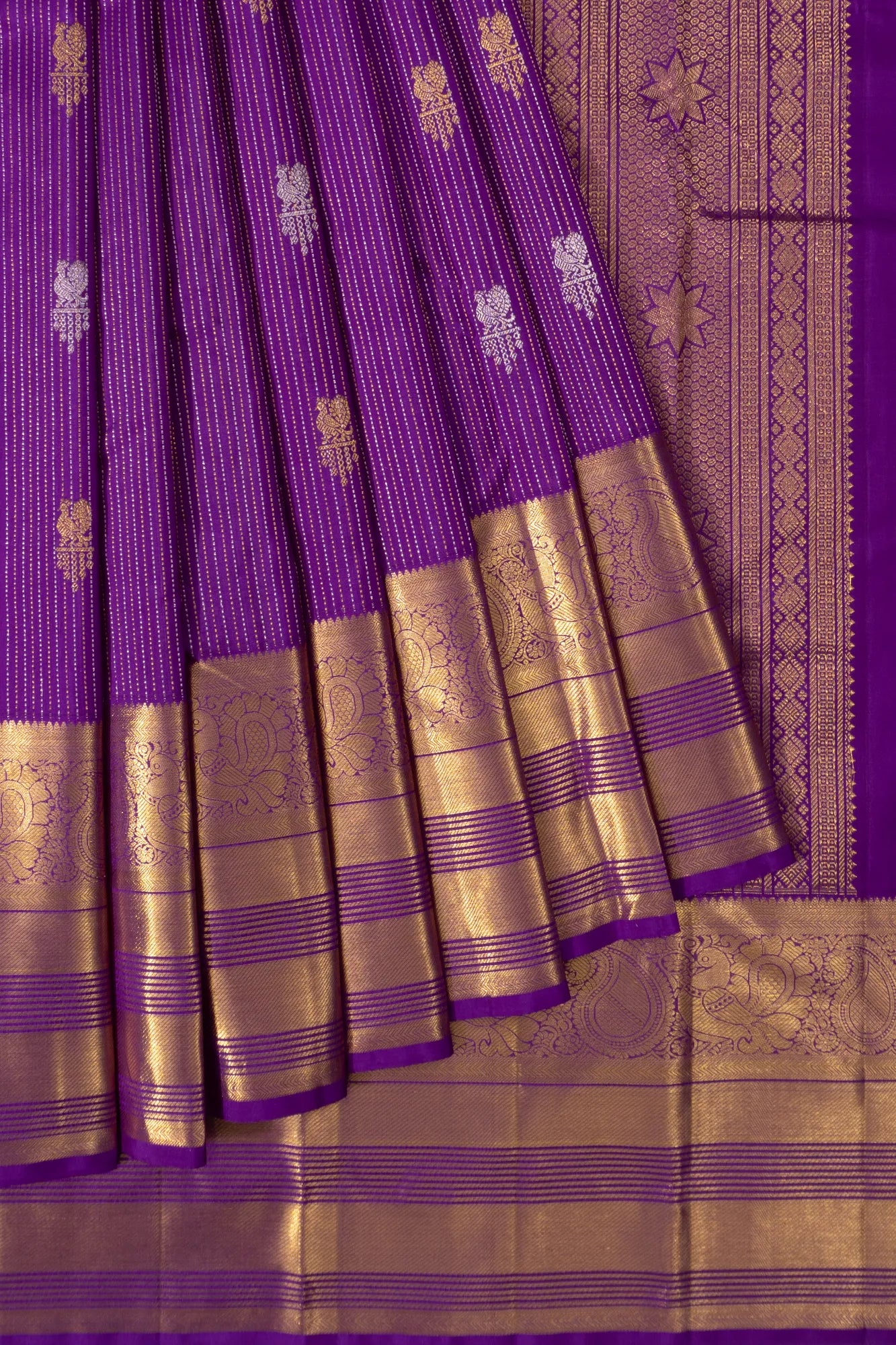 Kanchipuram Silk Vertical Lines And Butta Violet Saree
