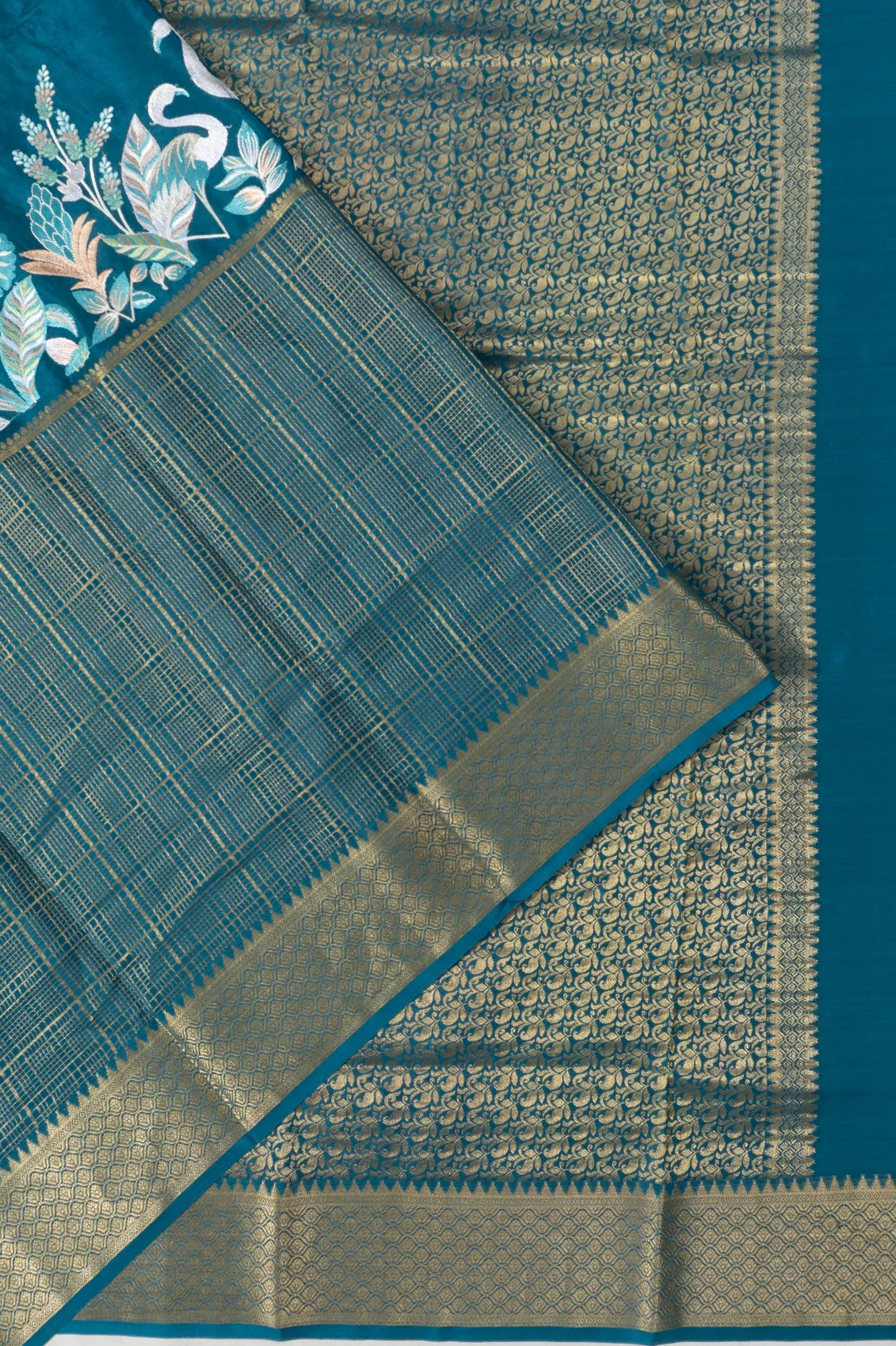 Binny Silk Half And Half Checks And Embroidery Teal Blue Saree