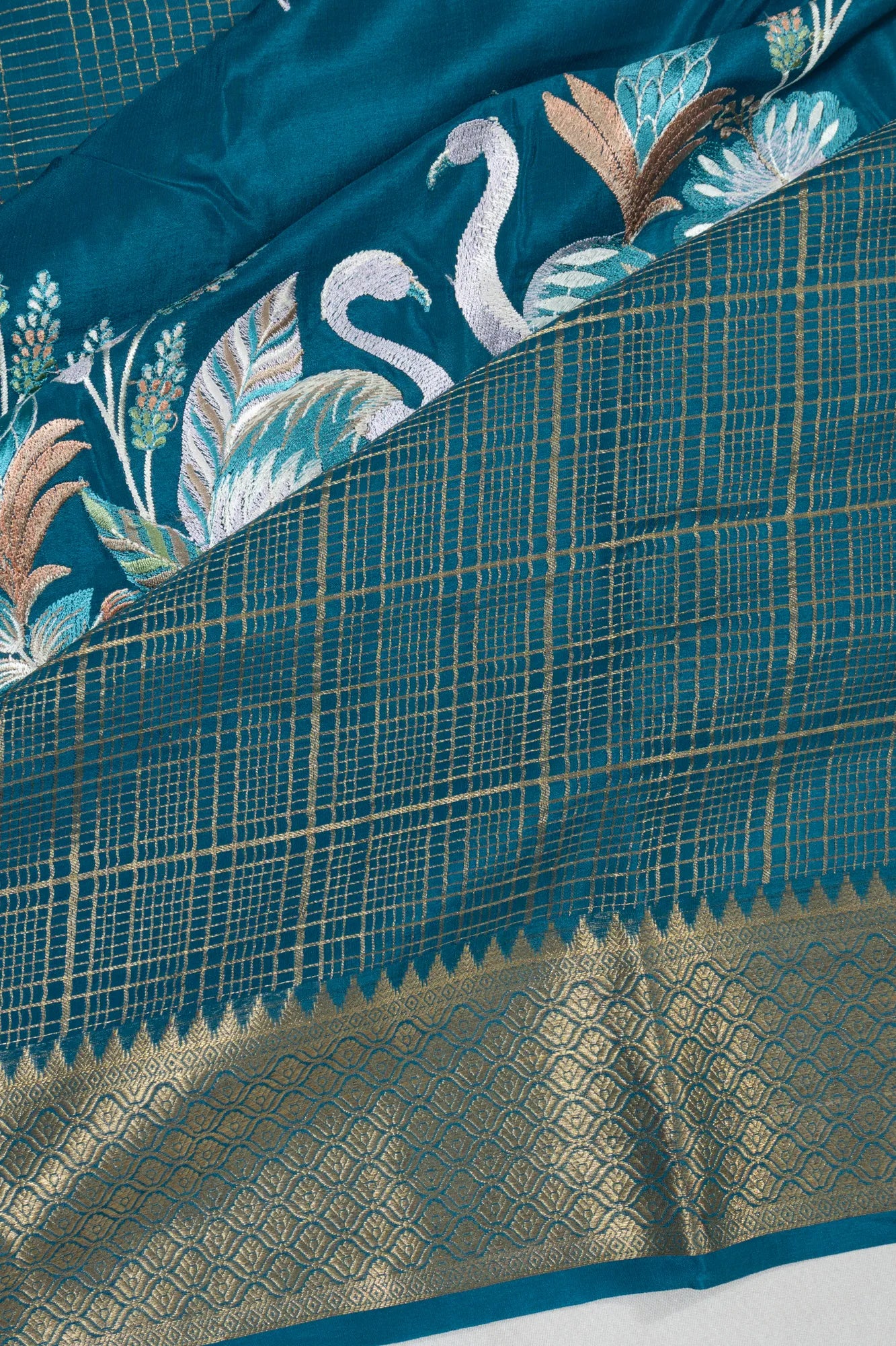 Binny Silk Half And Half Checks And Embroidery Teal Blue Saree