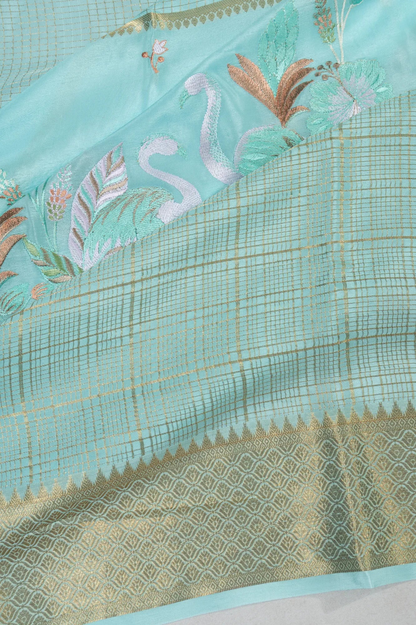 Binny Silk Half And Half Checks And Embroidery Patel Blue Saree