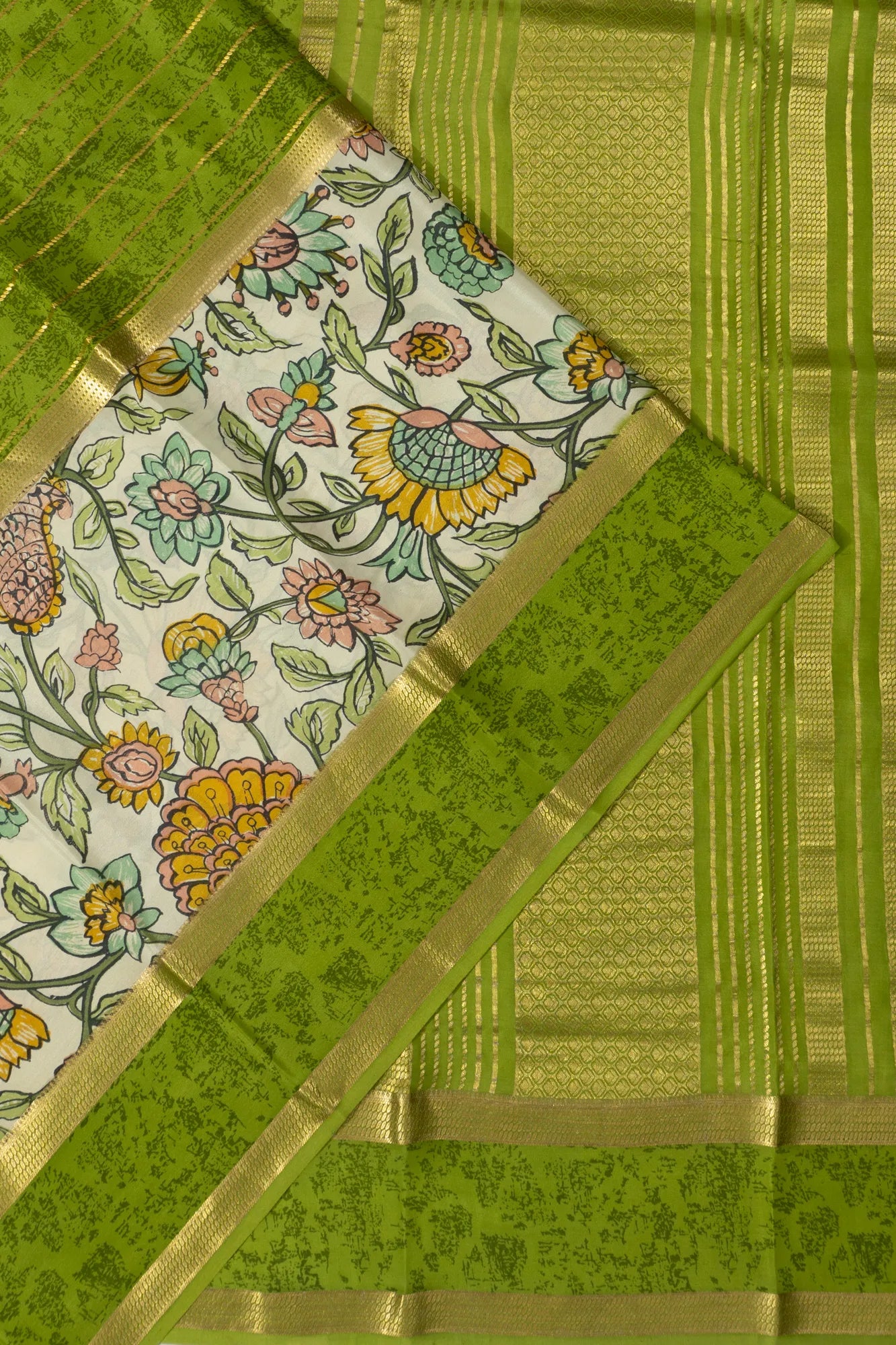 Binny Silk Lines And Printed Green Saree