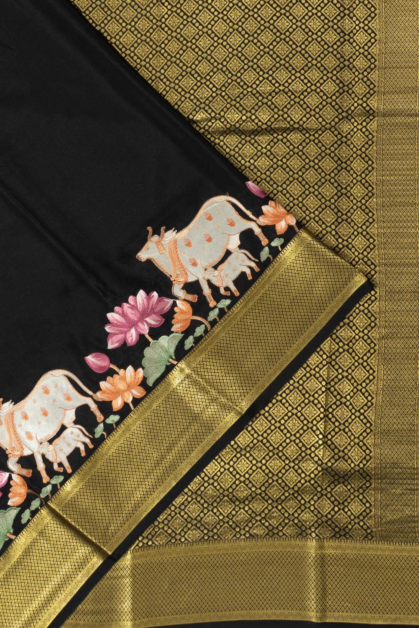 Binny Silk Plain Black Saree With Pichwai Prints
