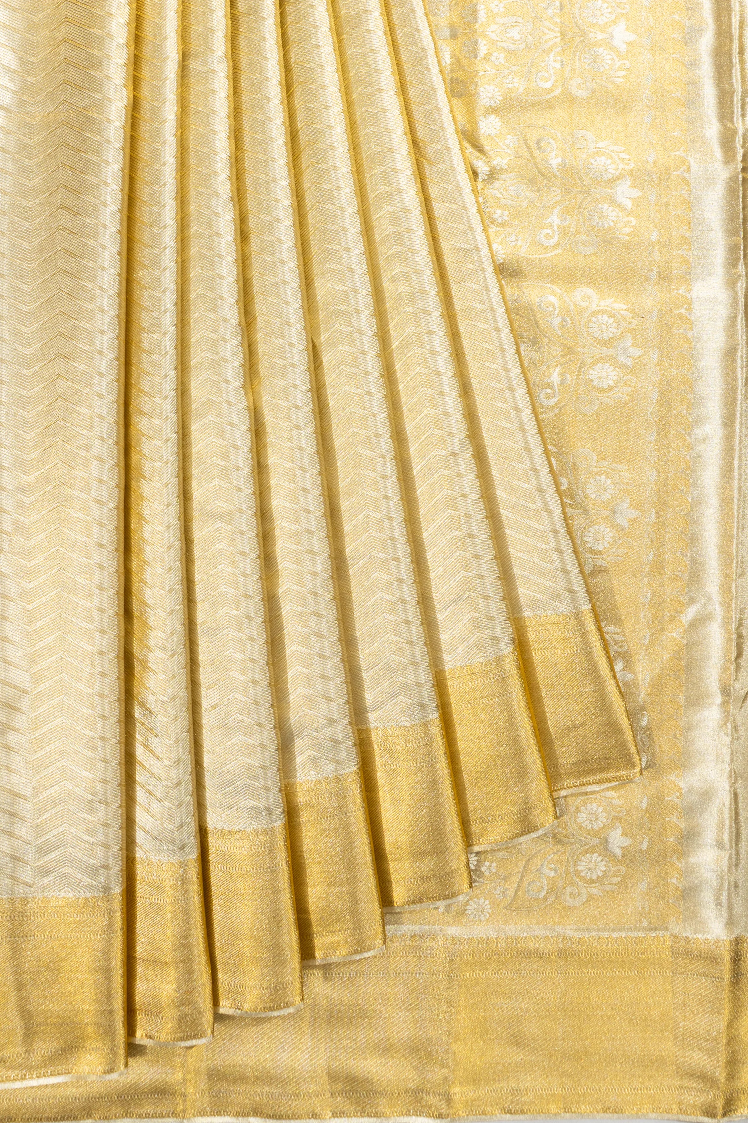 Taranga Kanchi Silk Tissue Zig Zag Lines Gold Saree
