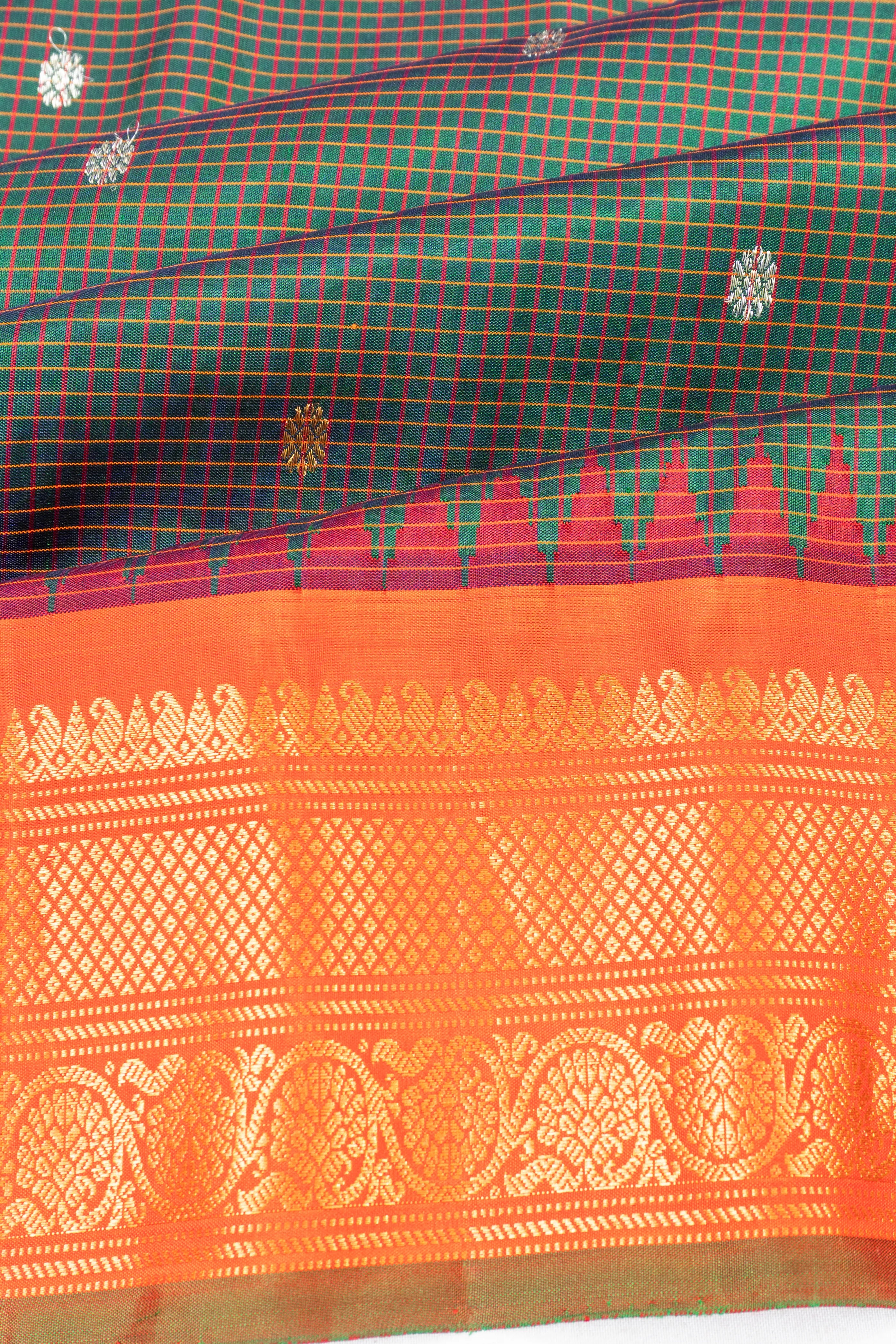 Gadwal Silk Butta Checks Bottle Green Saree