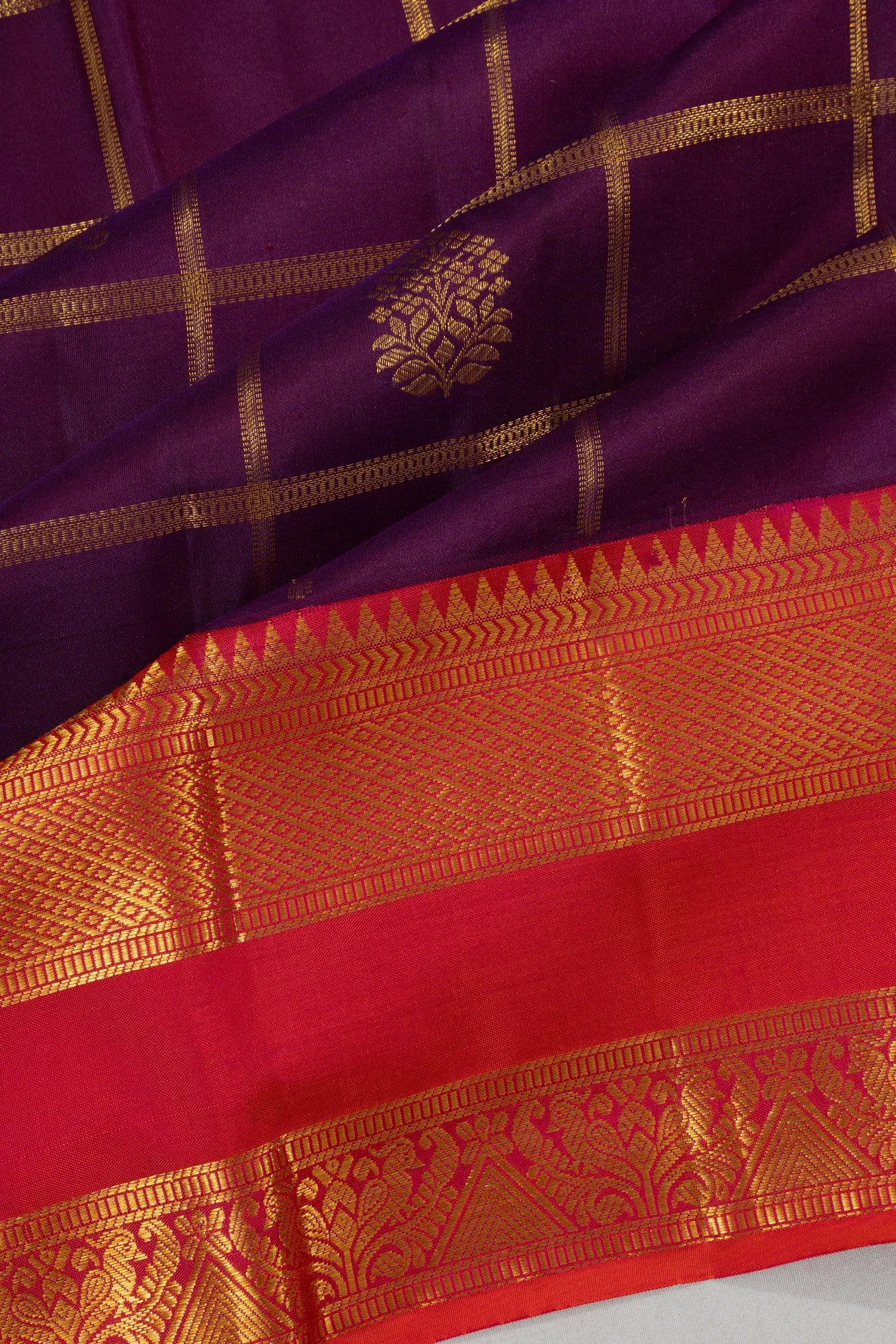 Kanchipuram Silk Checks And Butta Purple Saree