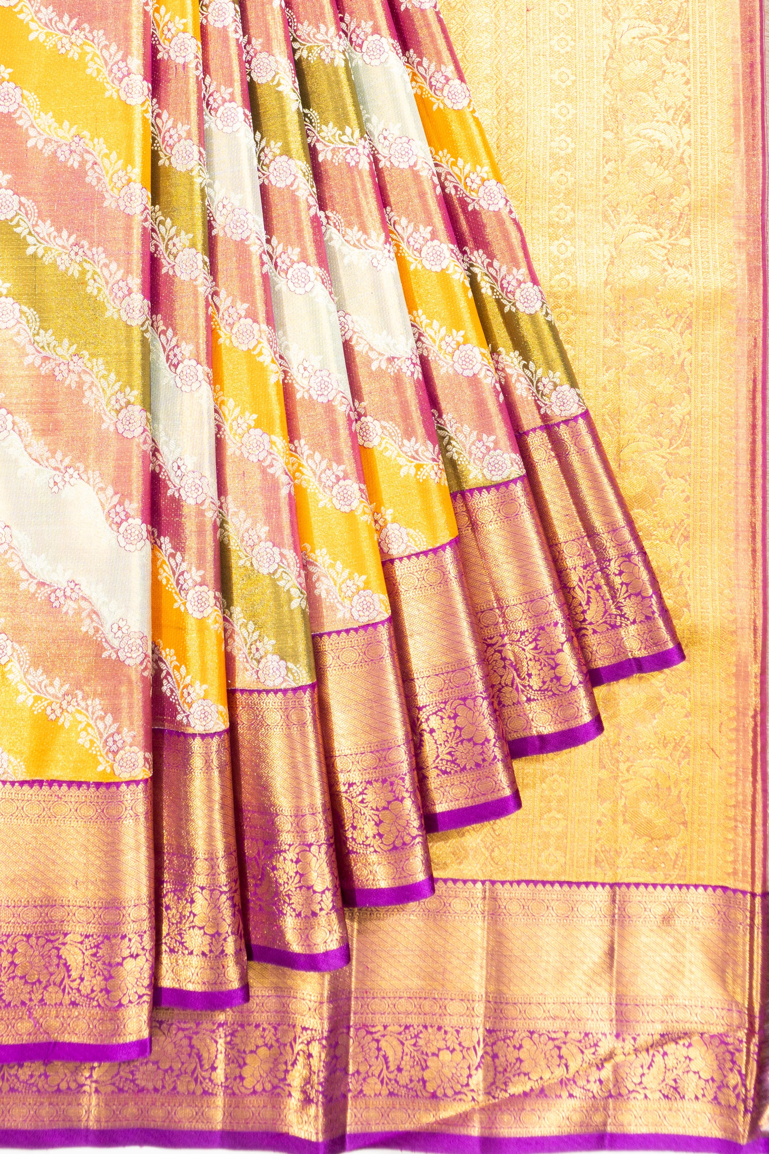 Kanchipuram Silk Tissue Leheriya Jaal Multicolour Saree