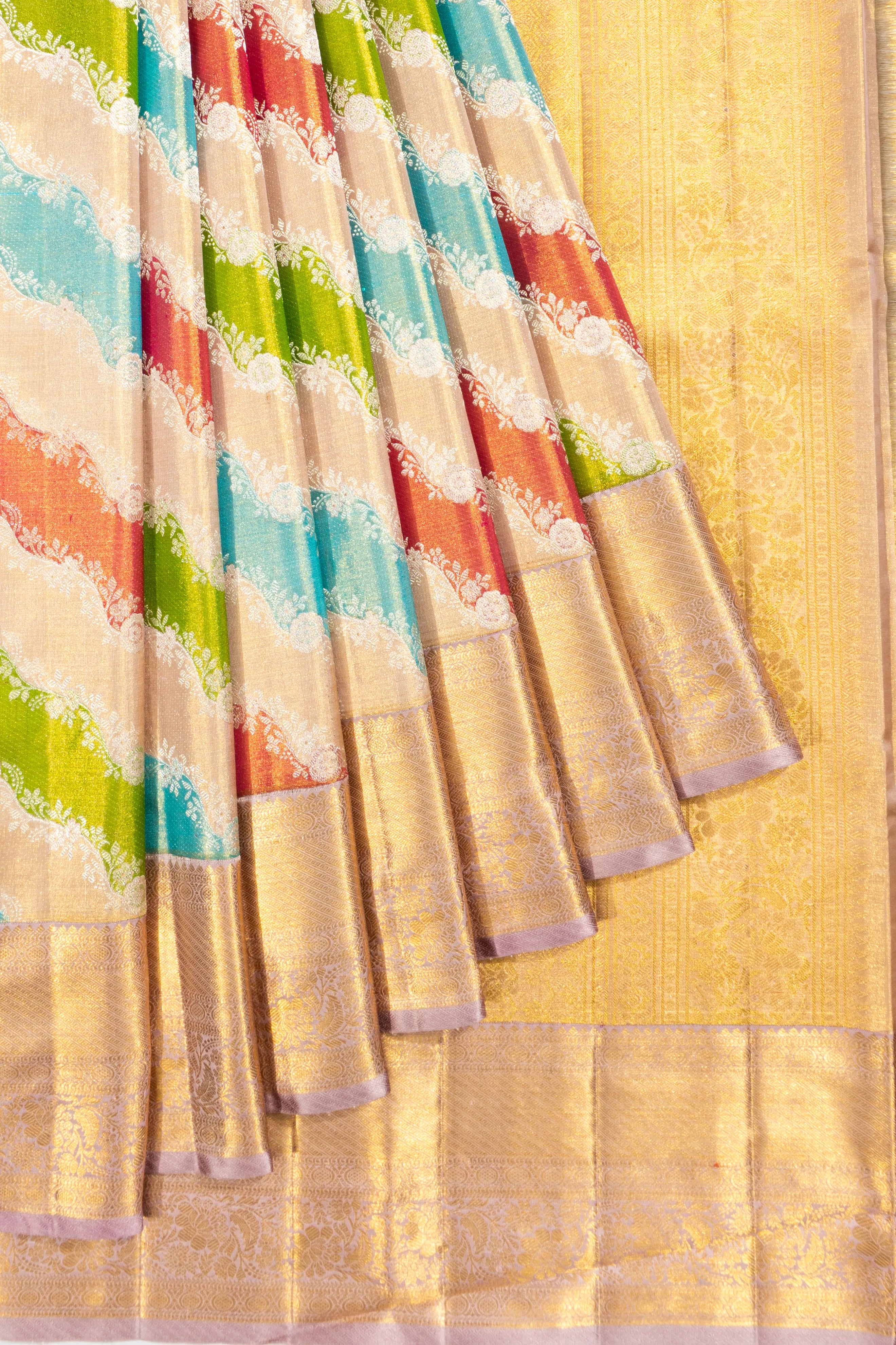 Kanchipuram Silk Tissue Leheriya Jaal Multicolour Saree