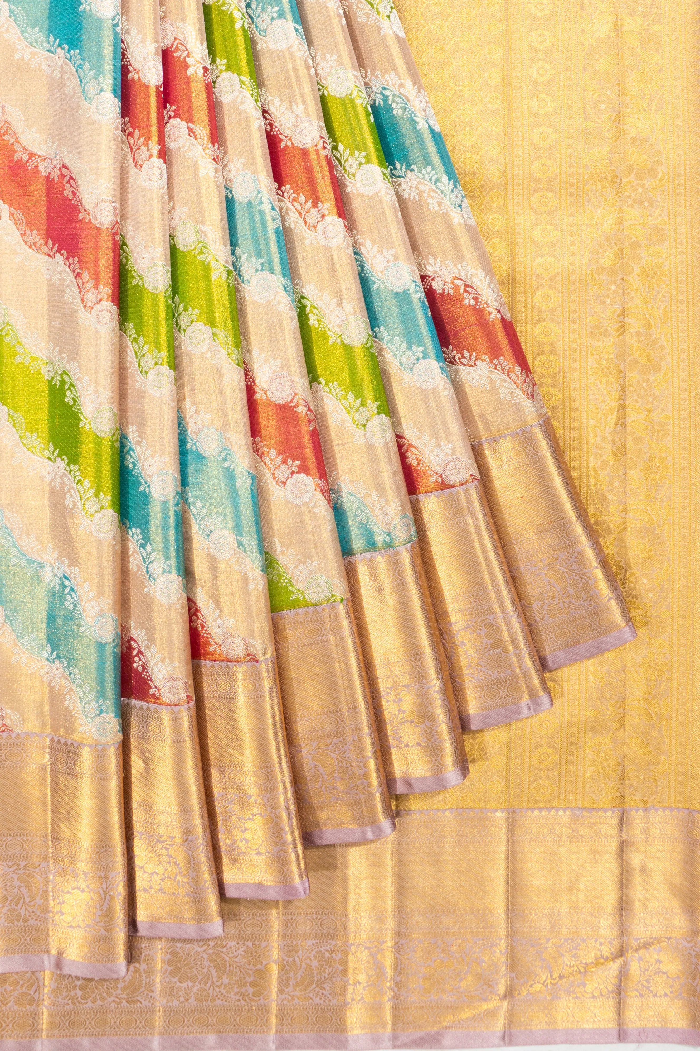 Kanchipuram Silk Tissue Leheriya Jaal Multicolour Saree