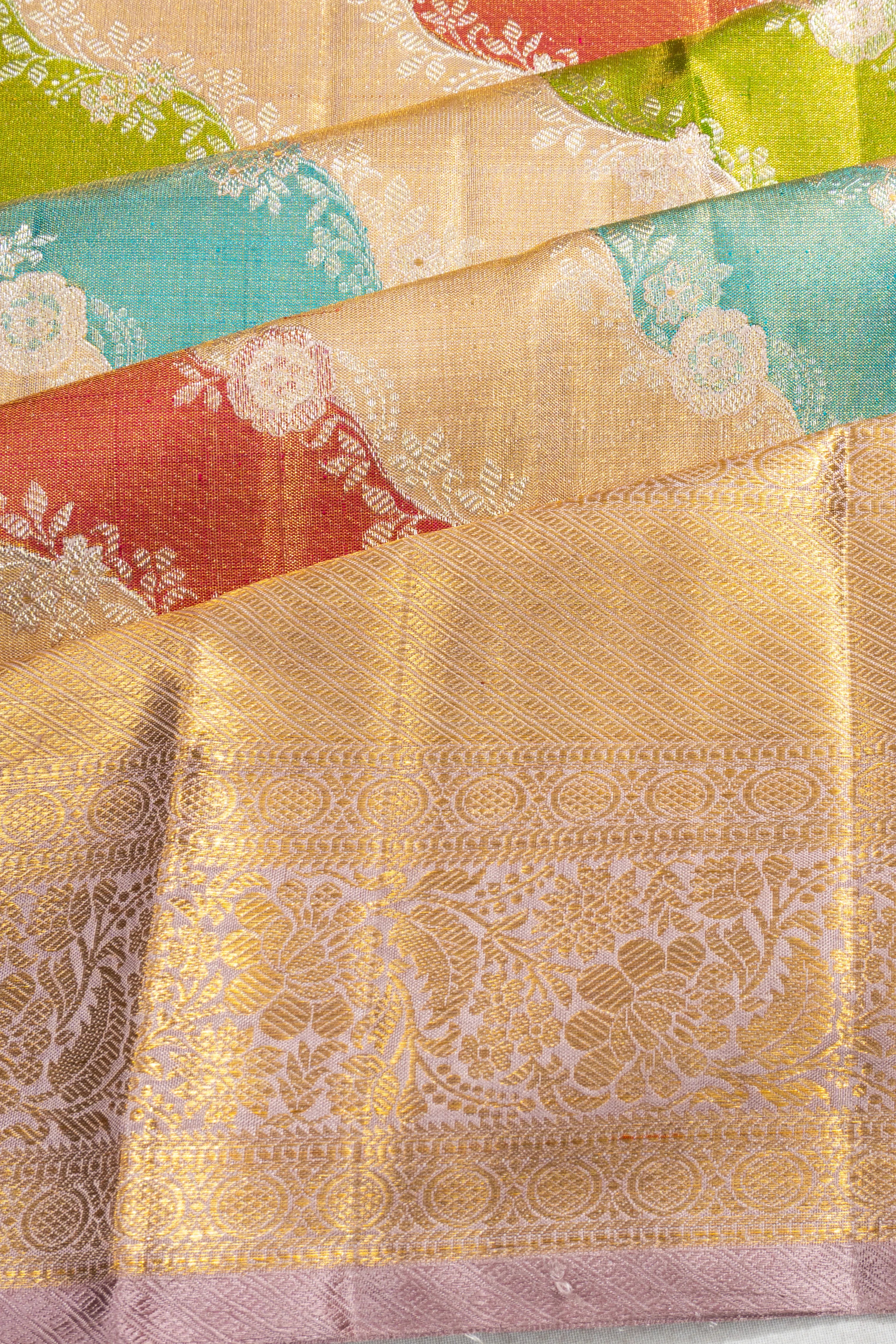 Kanchipuram Silk Tissue Leheriya Jaal Multicolour Saree