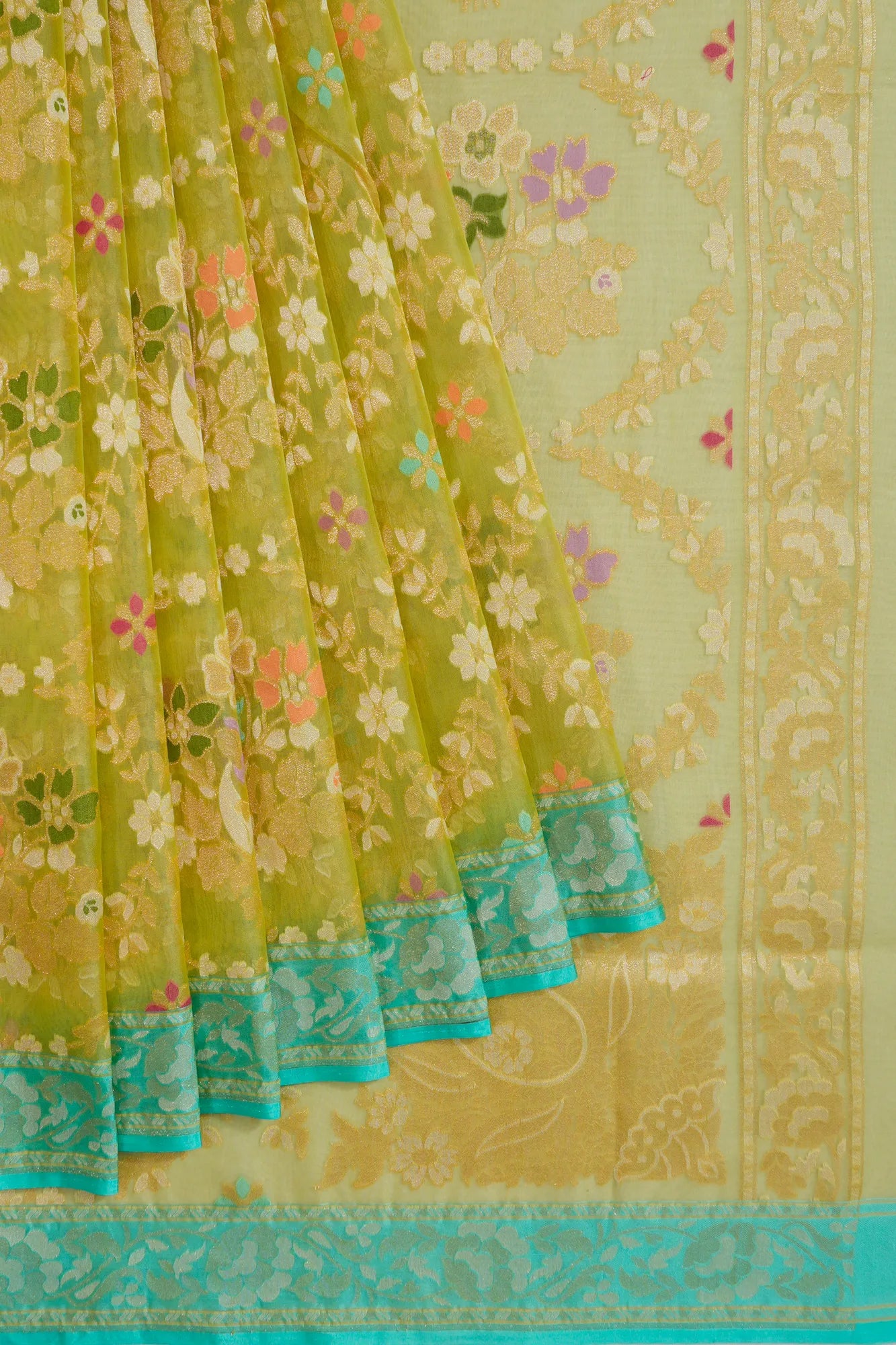 Banarasi Kora Organza Brocade Jaal Green Saree