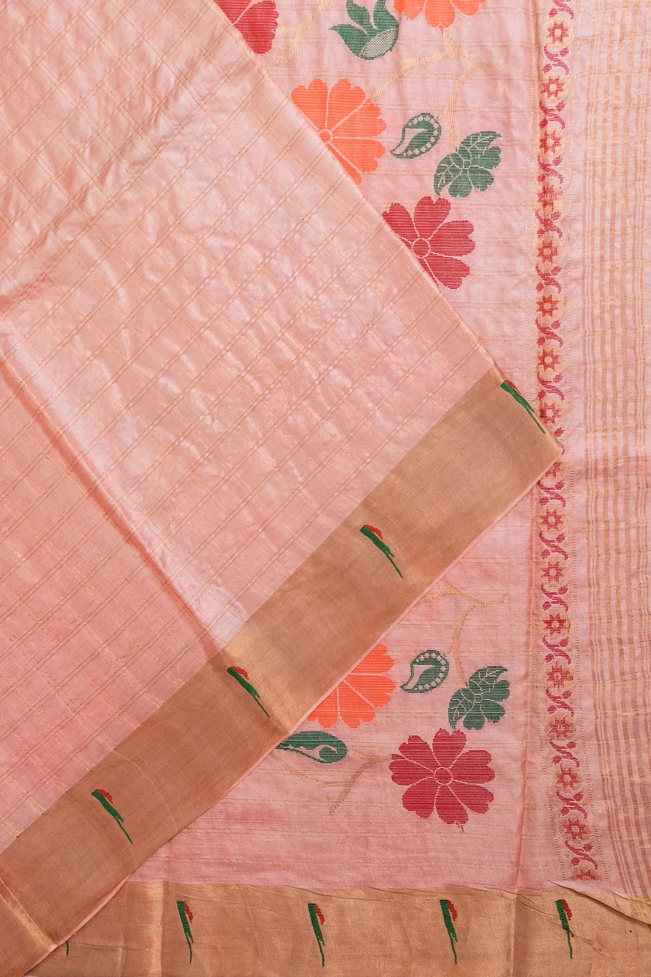 Tussar Checks Pink Saree With Embroidery Pallu