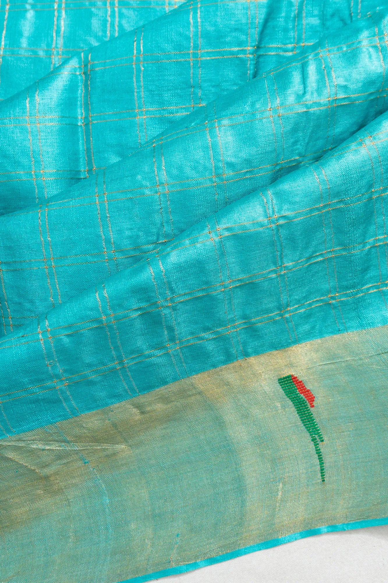 Tussar Checks Sky Blue Saree With Embroidery Pallu
