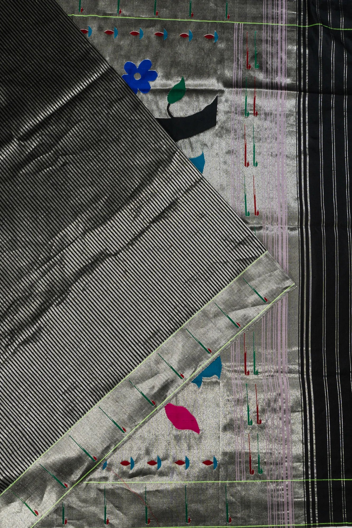 Paithani Silk Vertical Lines Sky Black With Single Muniya Border