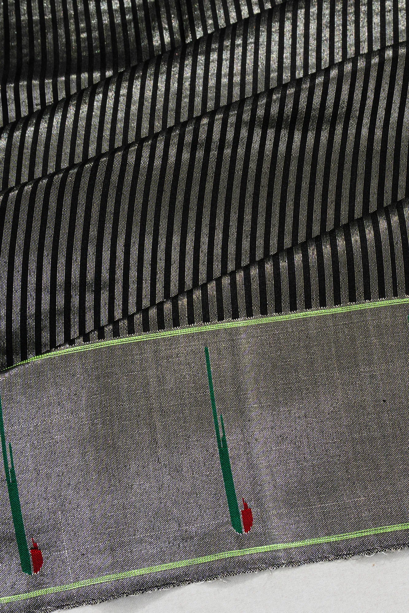 Paithani Silk Vertical Lines Sky Black With Single Muniya Border