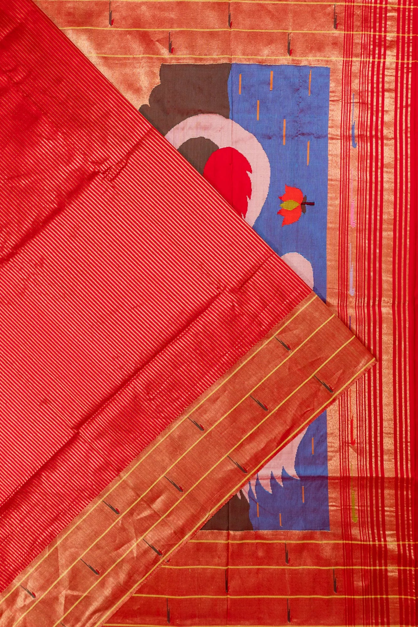 Paithani Silk Vertical Lines Red Saree With Triple Muniya Border