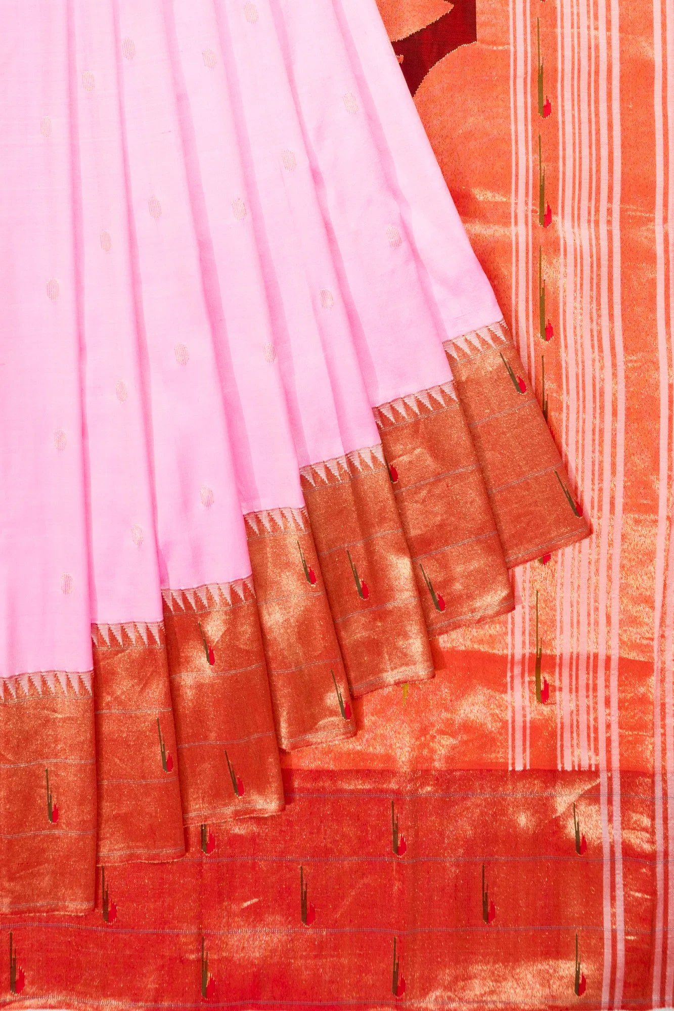 Paithani Silk Butta Baby Pink Saree With Triple Muniya Border