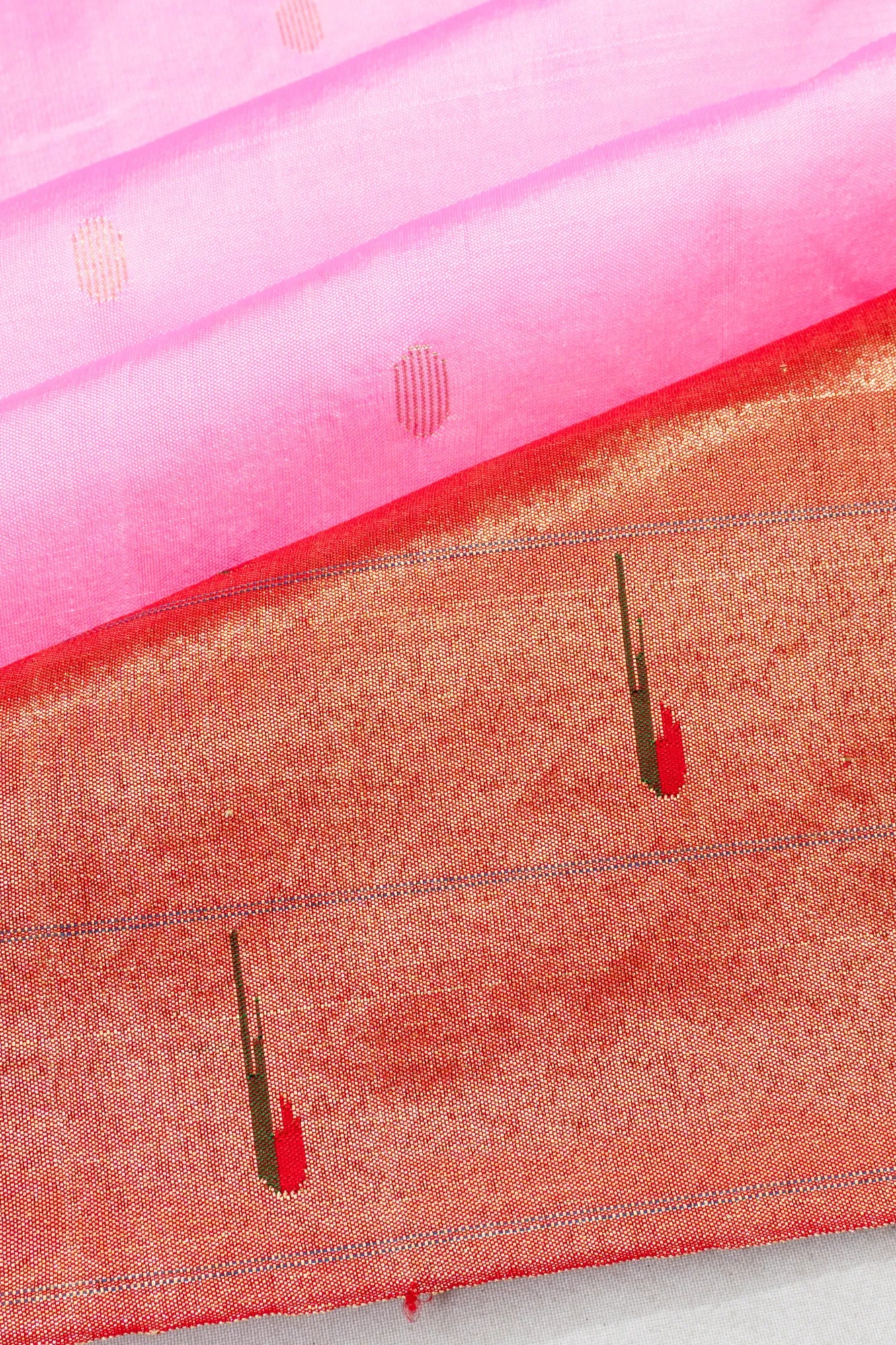 Paithani Silk Butta Baby Pink Saree With Triple Muniya Border