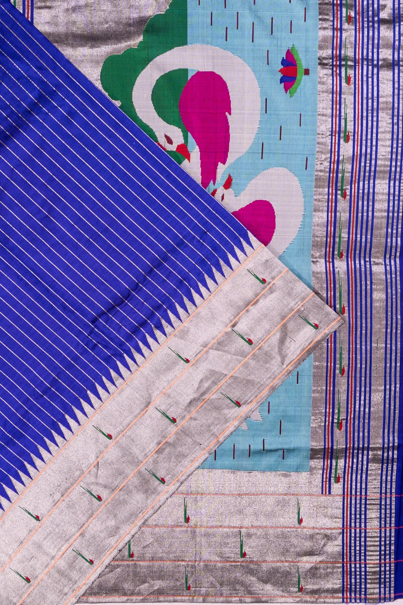 Paithani Silk Vertical Lines Royal Blue Saree With Triple Muniya Border