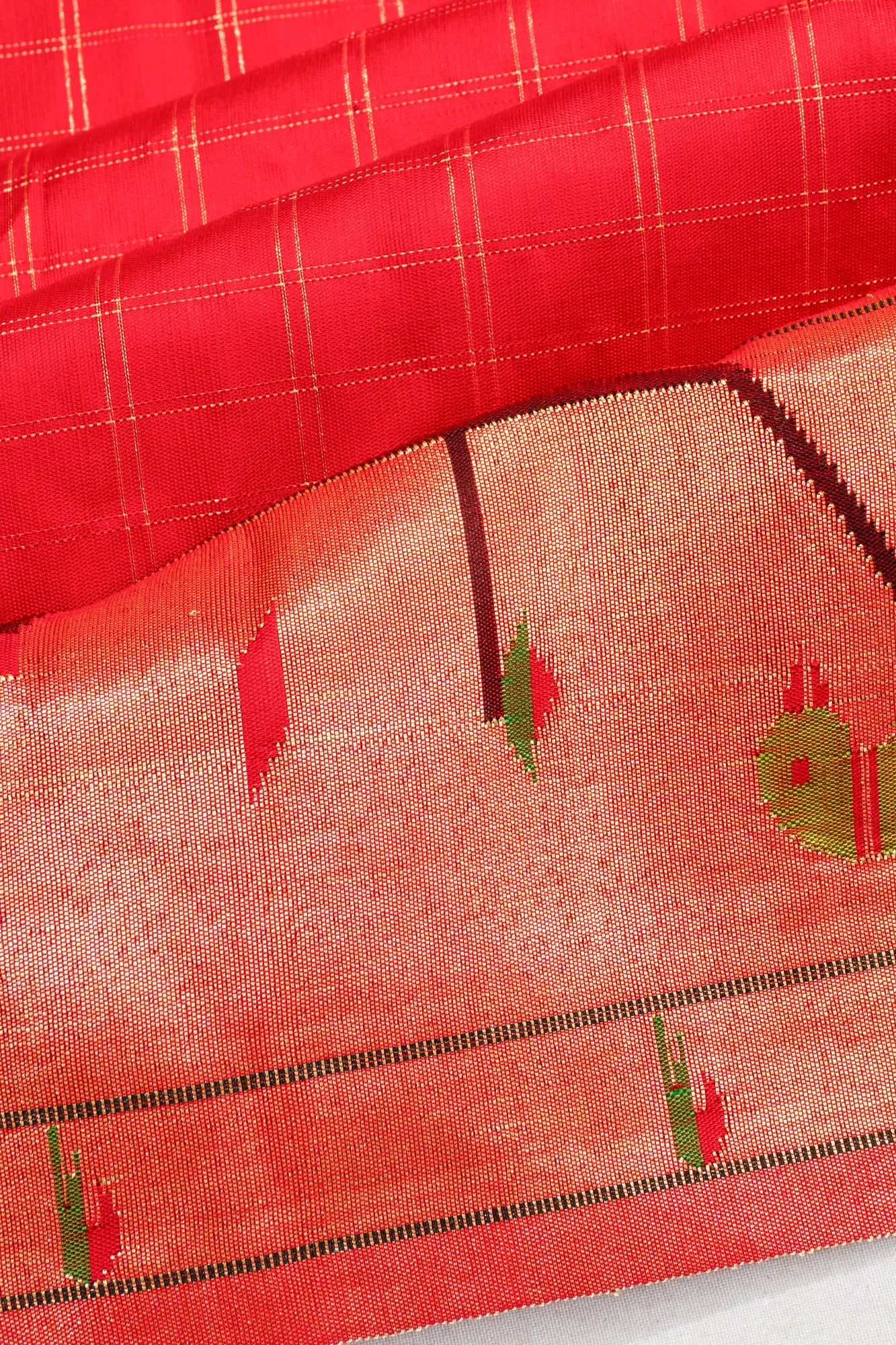 Paithani Silk Checks Red Saree With Akruthi Border