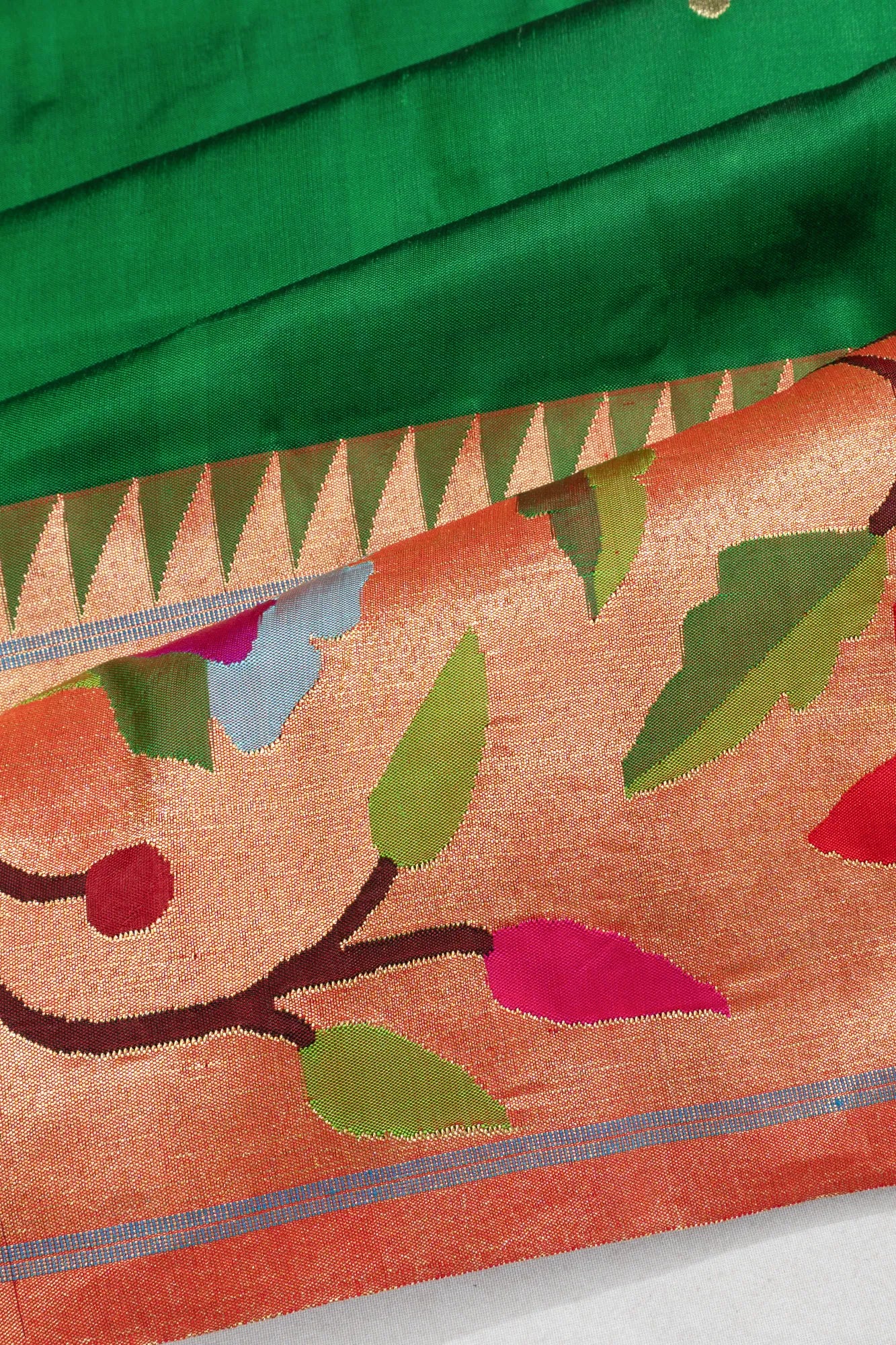 Paithani Silk Butta Dark Green Saree With Big Border