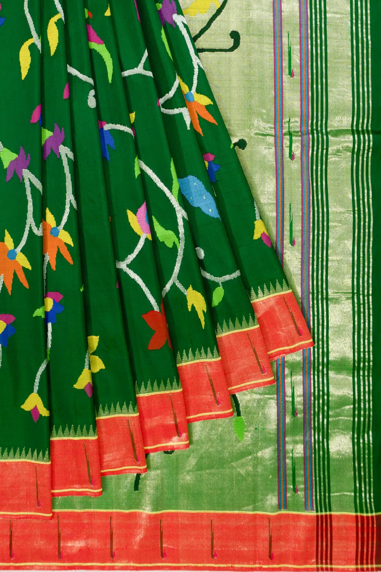 Paithani Silk All Over Jaal Green Saree With Single Muniya Border