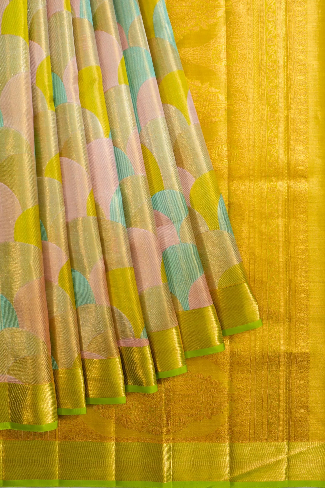 Kanchipuram Silk Tissue Geometrical Brocade Multicolour Green Saree