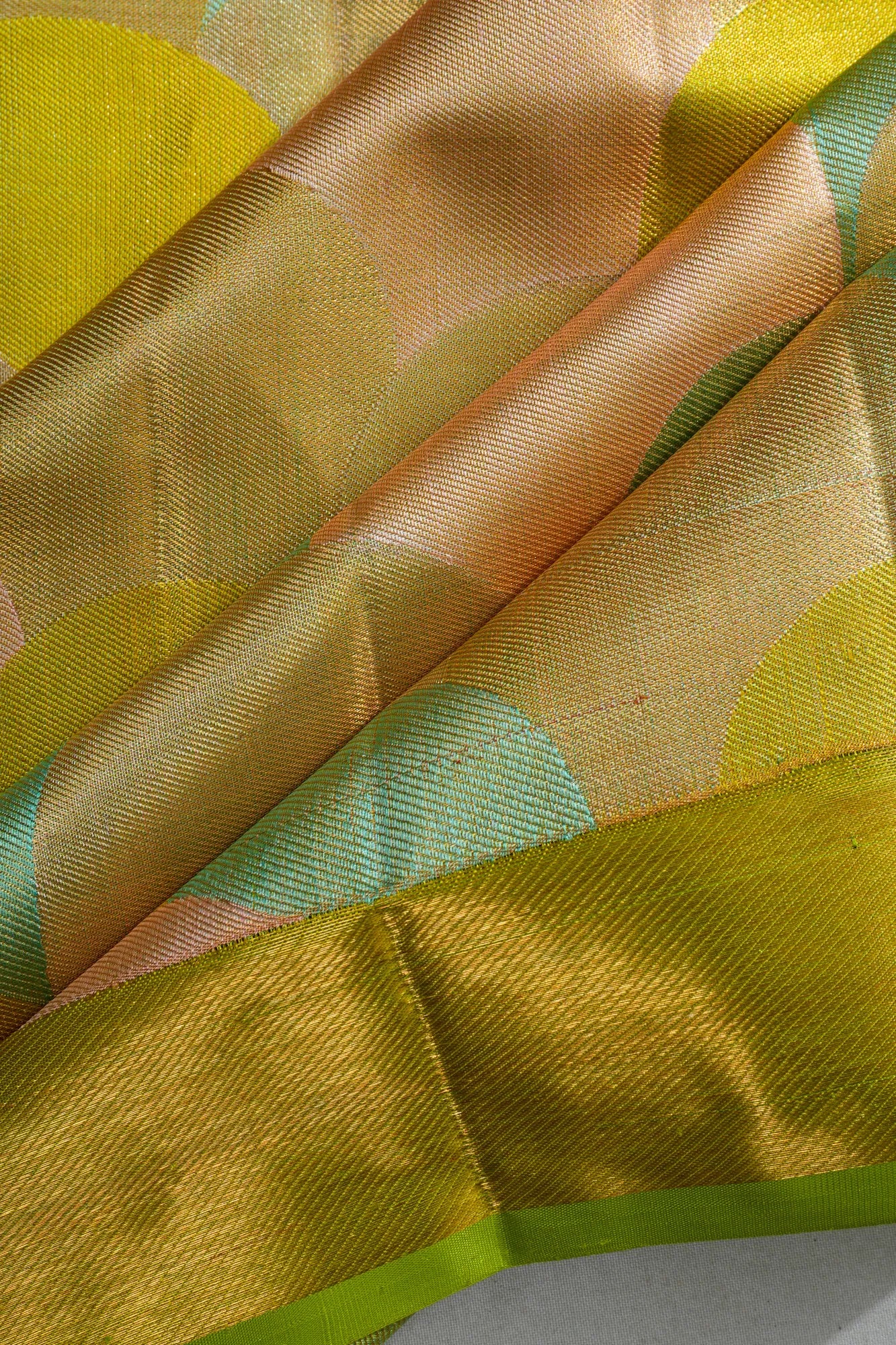 Kanchipuram Silk Tissue Geometrical Brocade Multicolour Green Saree