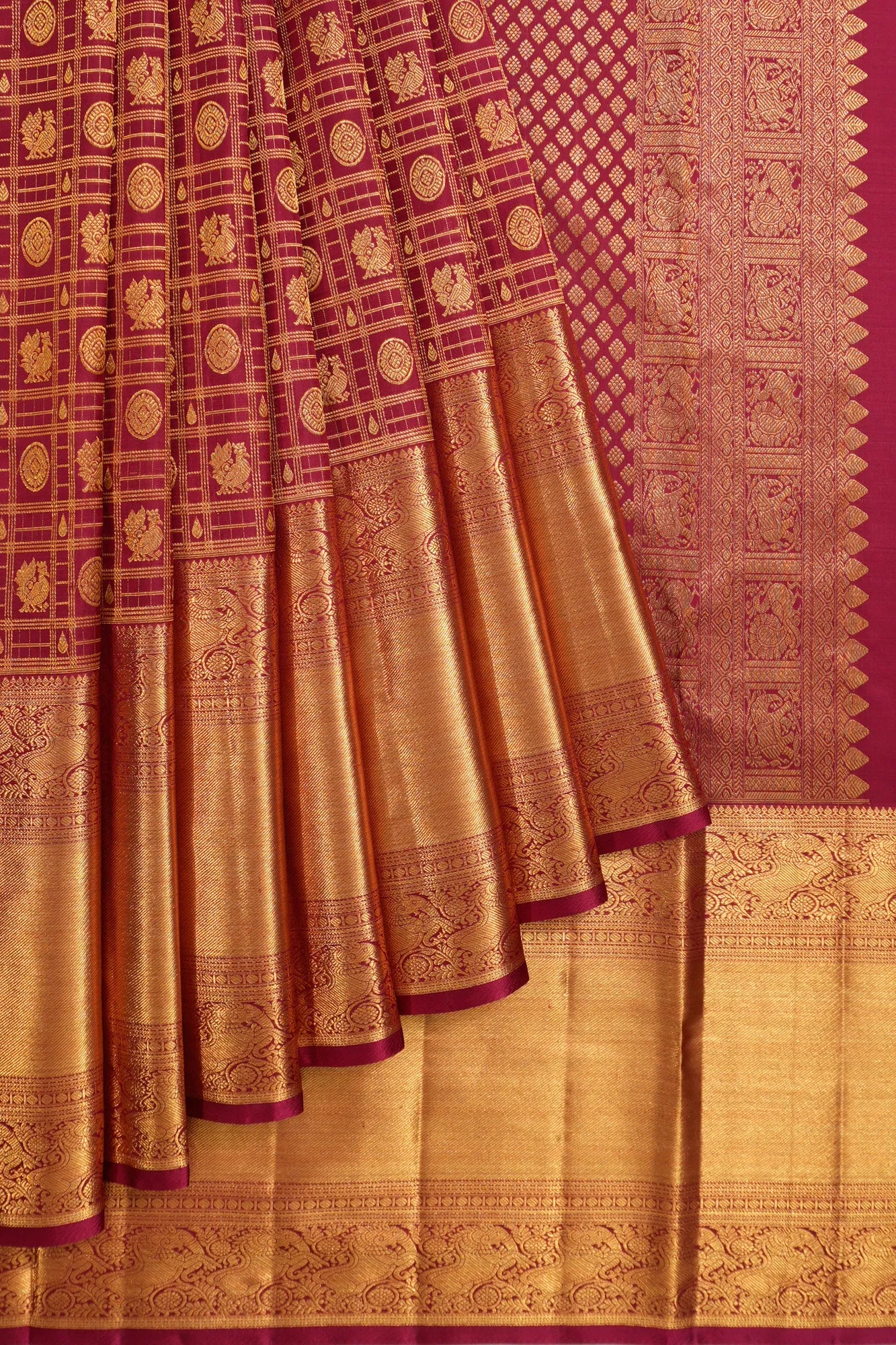 Kanchipuram Silk Checks And Butta Maroon Saree