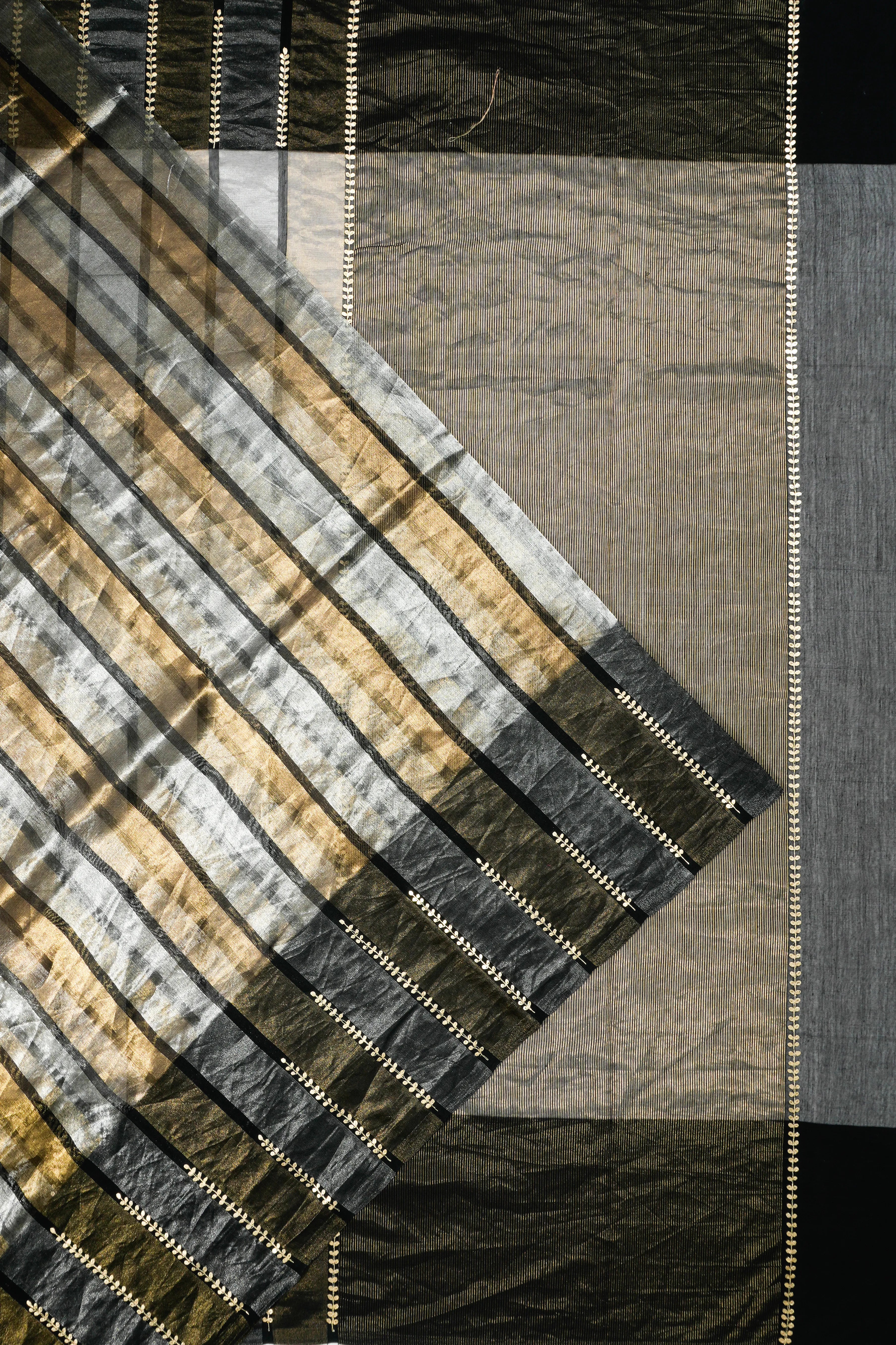 Organza Tissue Vertical Lines Black Saree