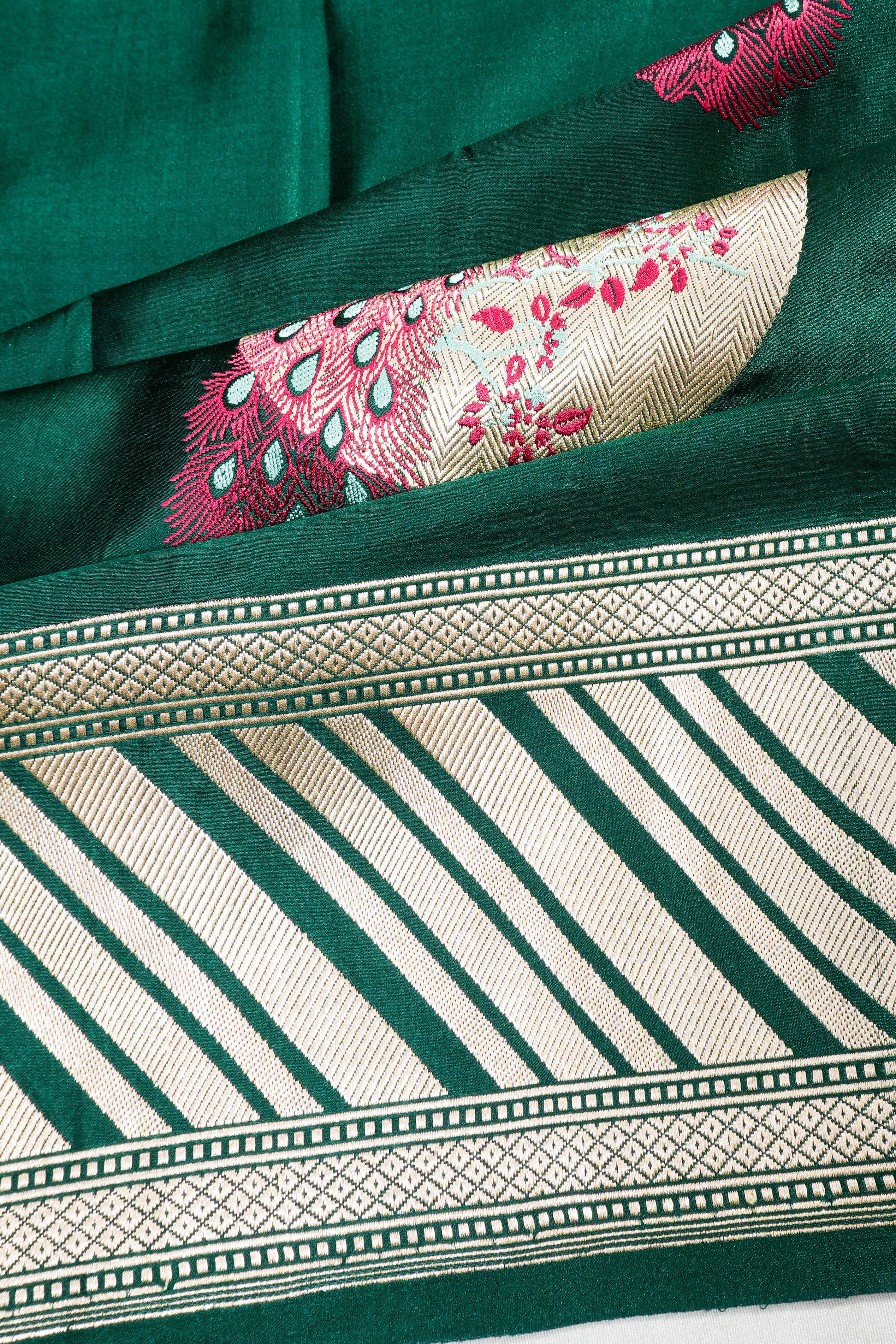 Banarasi Silk Kadwa Butta Dark Green Saree