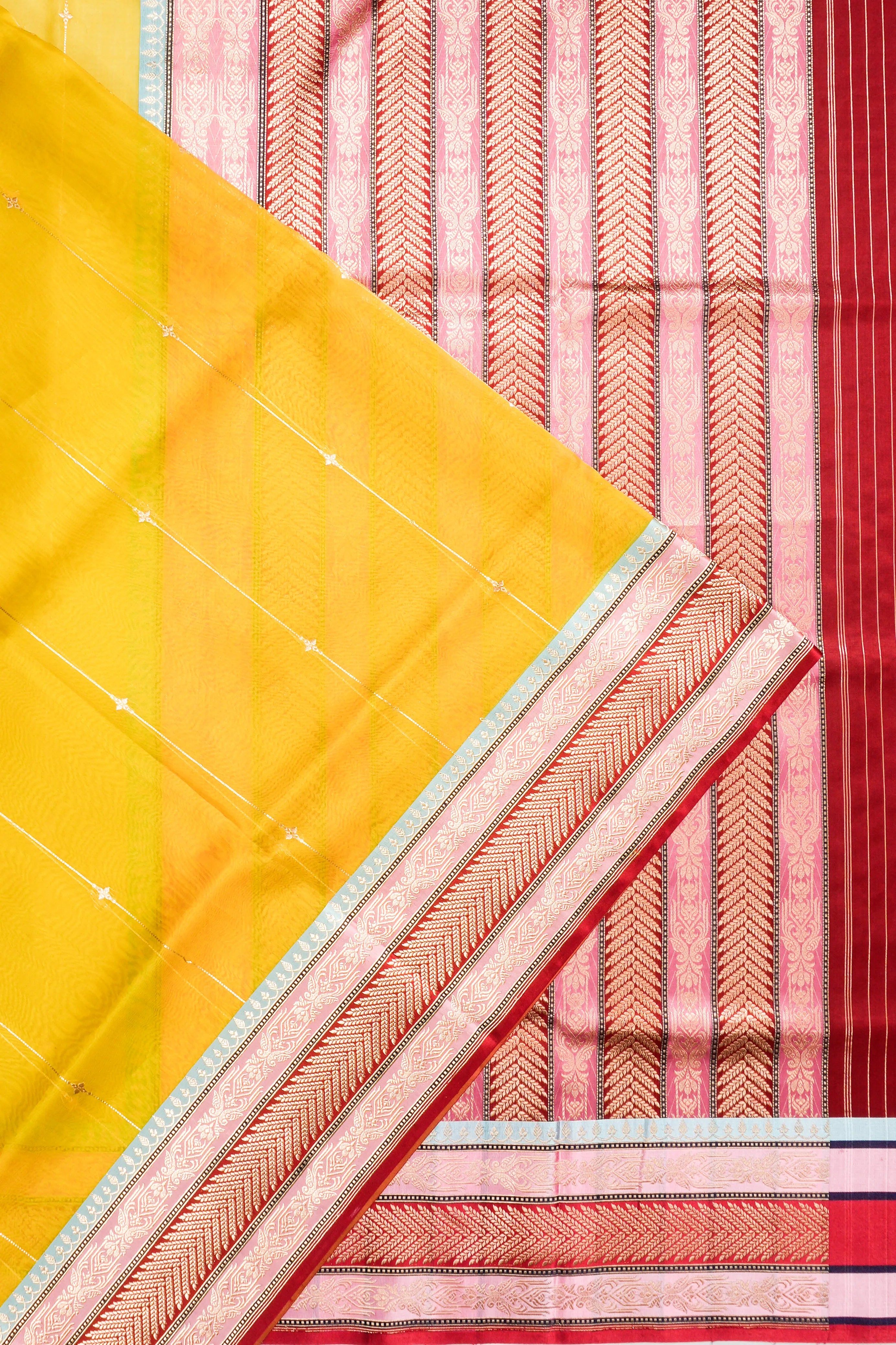Banarasi Kora Organza Vertical Lines Yellow Saree