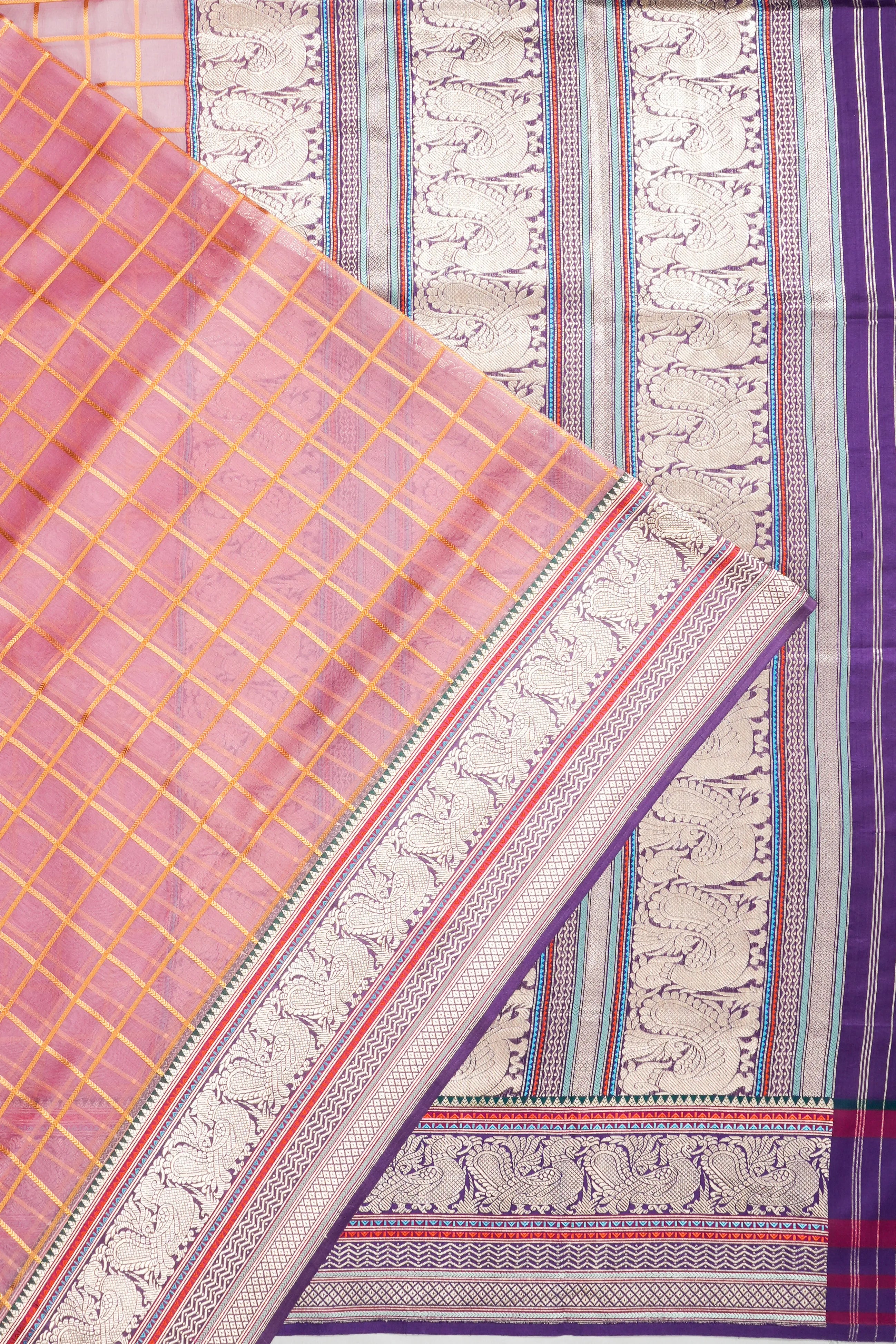 Banarasi Kora Organza Checks Pink Saree