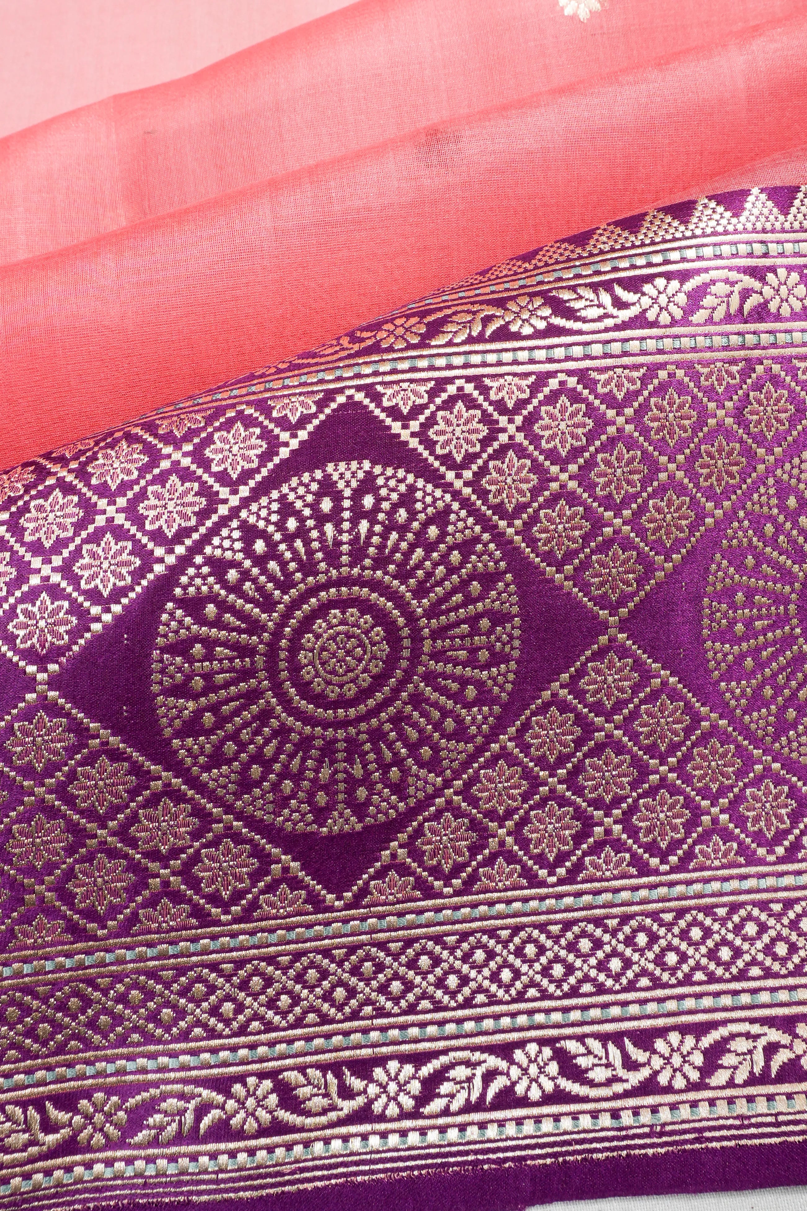 Banarasi Kora Organza Butta Peach Saree