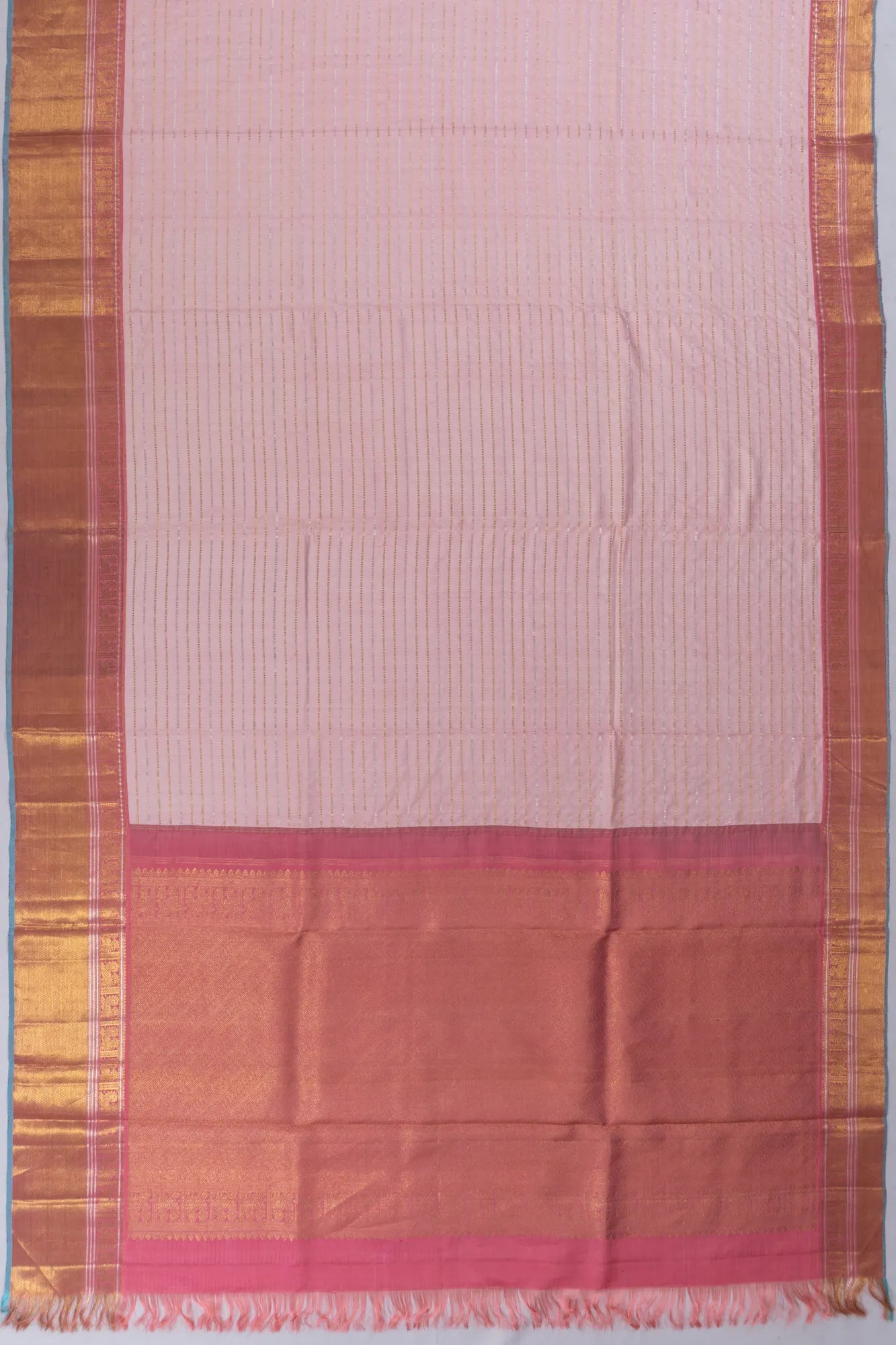 Tussar X Kanchipuram Silk Horizontal Lines Baby Pink Saree