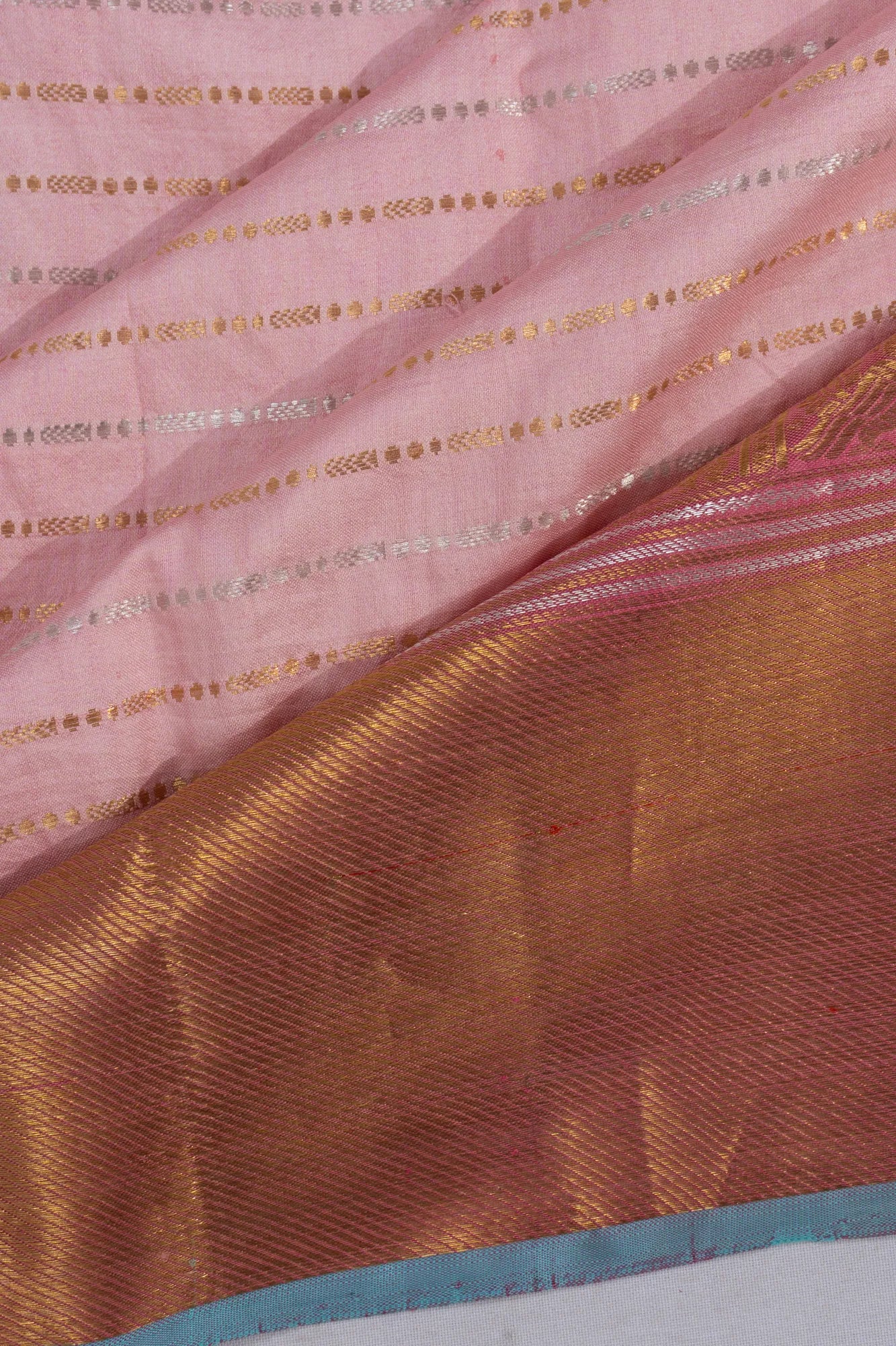 Tussar X Kanchipuram Silk Horizontal Lines Baby Pink Saree