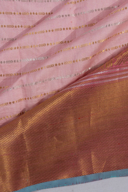 Tussar X Kanchipuram Silk Horizontal Lines Baby Pink Saree