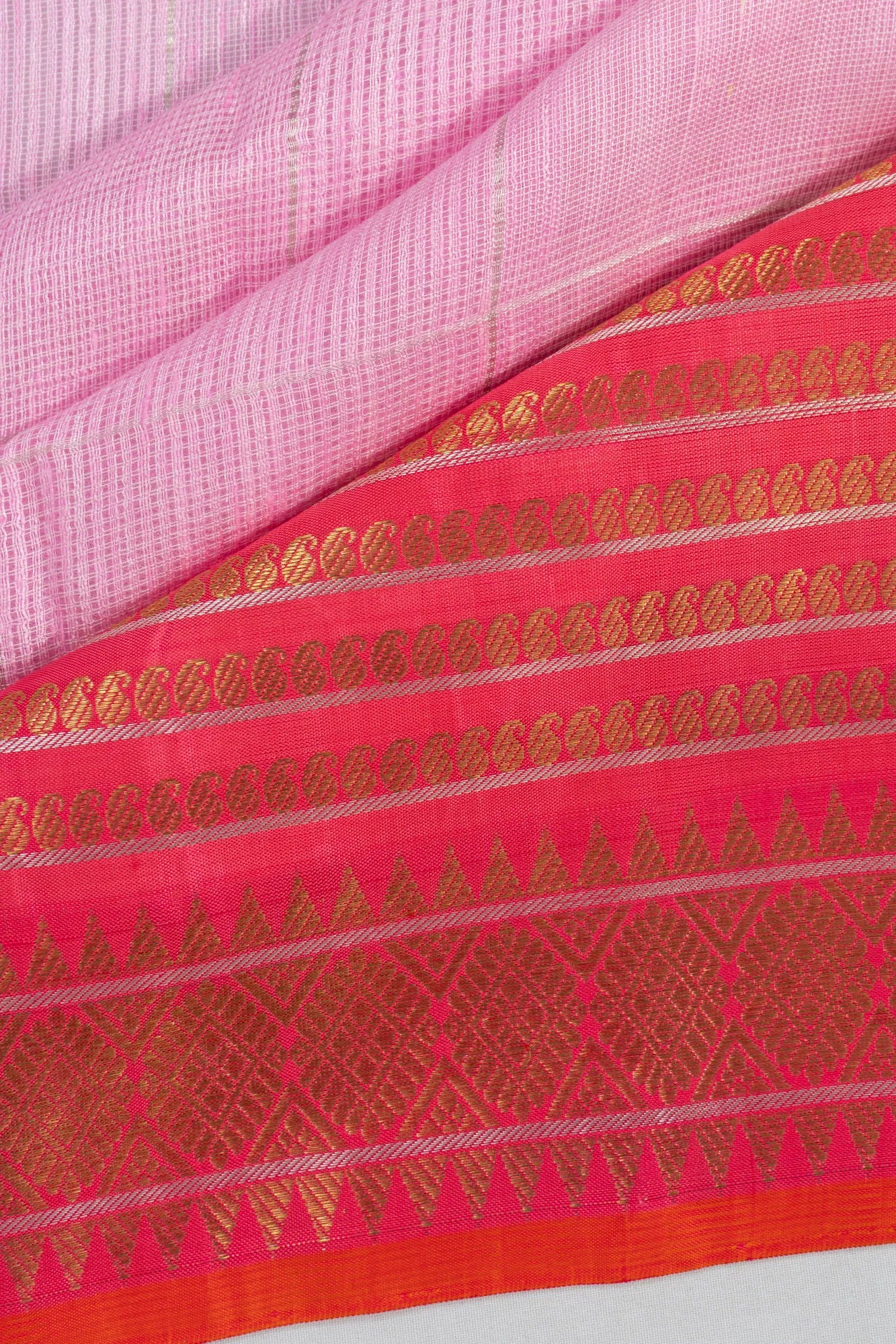 Zari Kota Cotton X Kanchipuram Silk Checks Baby Pink Saree