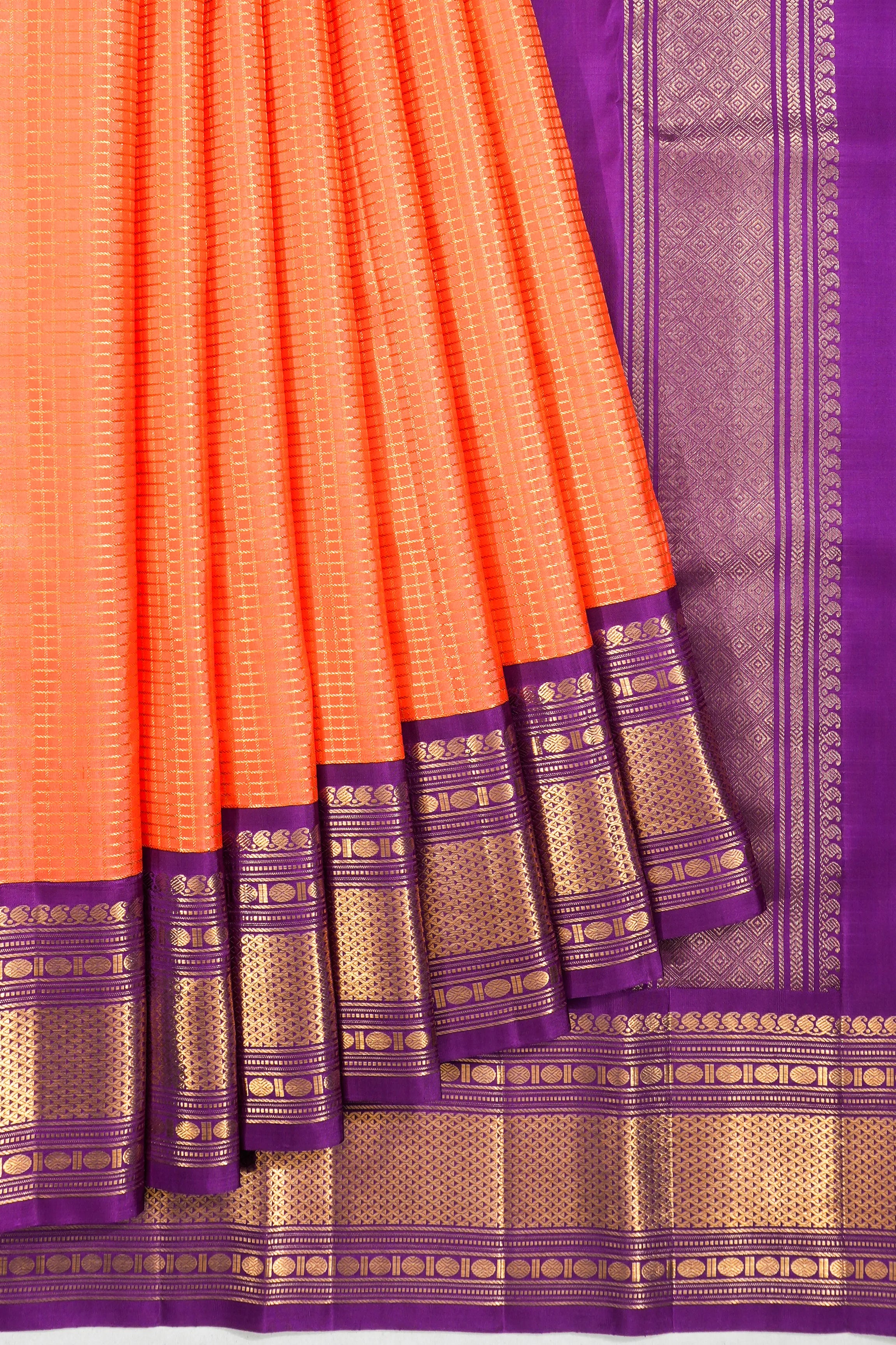 Classic Kanchipuram Silk Checks Orange Saree
