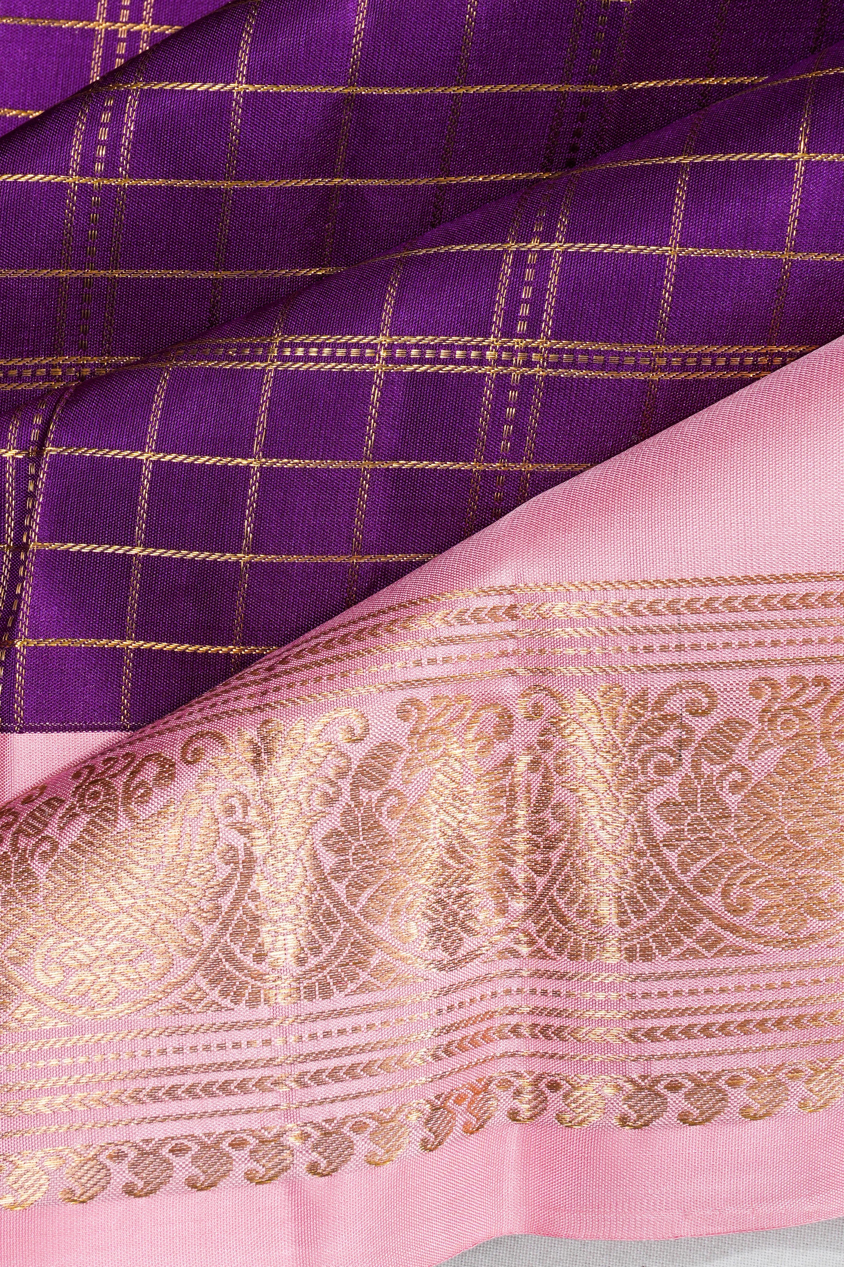 Classic Kanchipuram Silk Checks And Butta Purple Saree