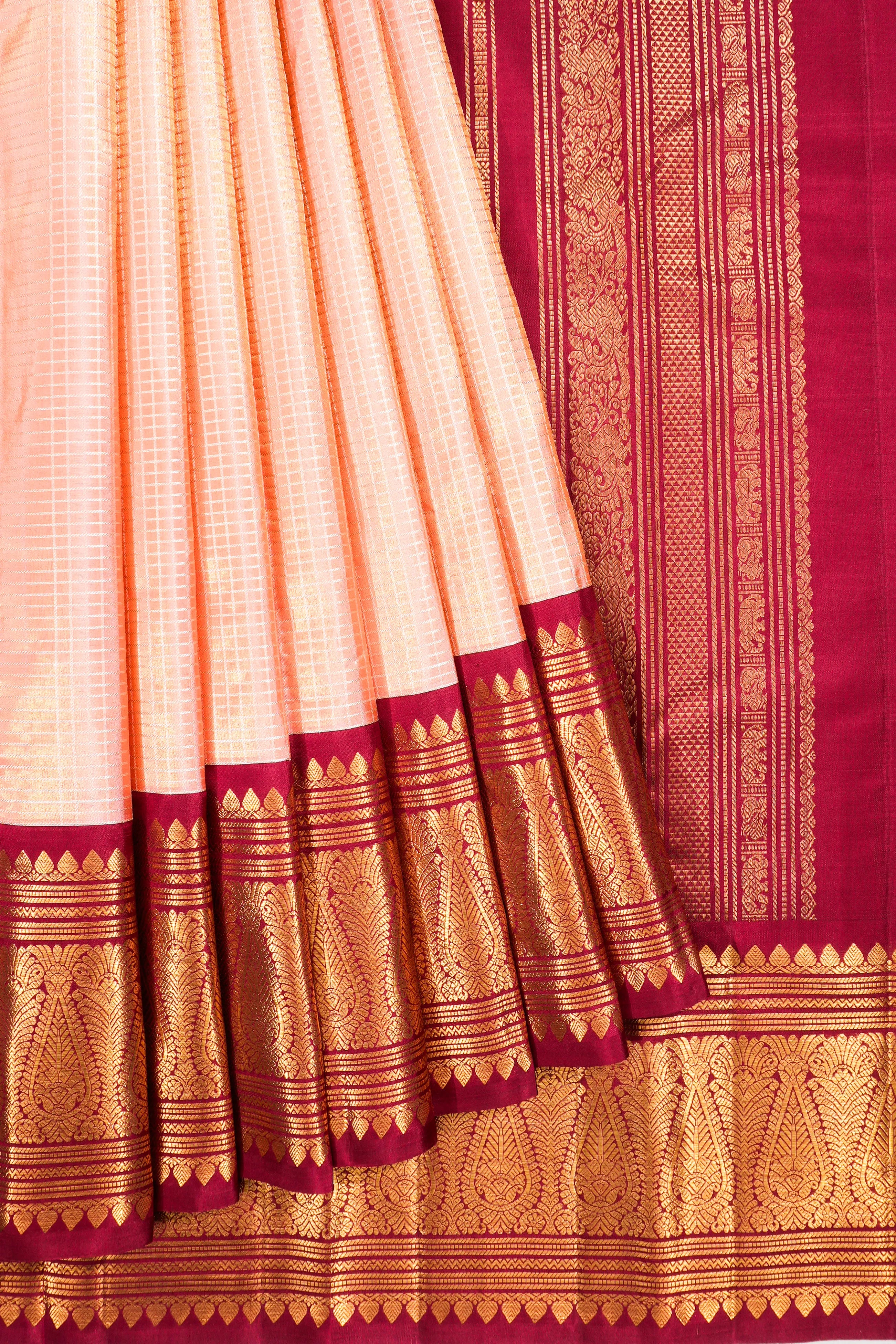 Classic Kanchipuram Silk Checks Peach Saree
